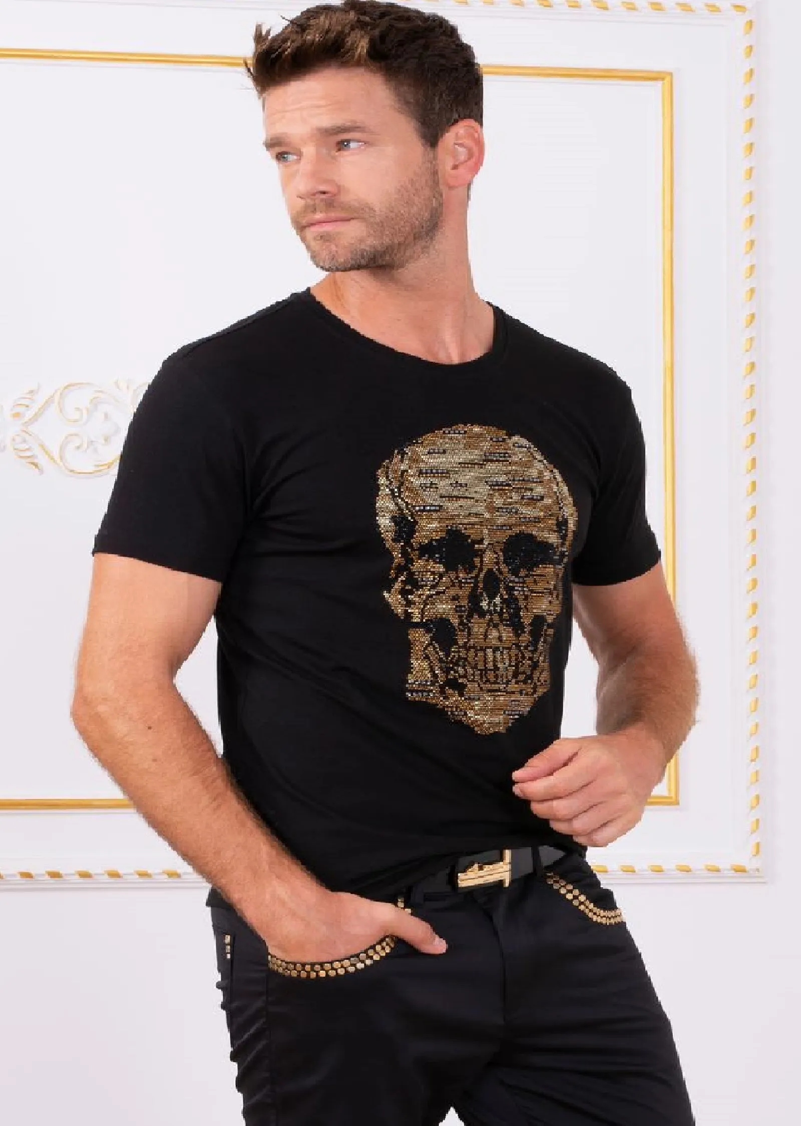 Black Gold Skull Rhinestone Tee