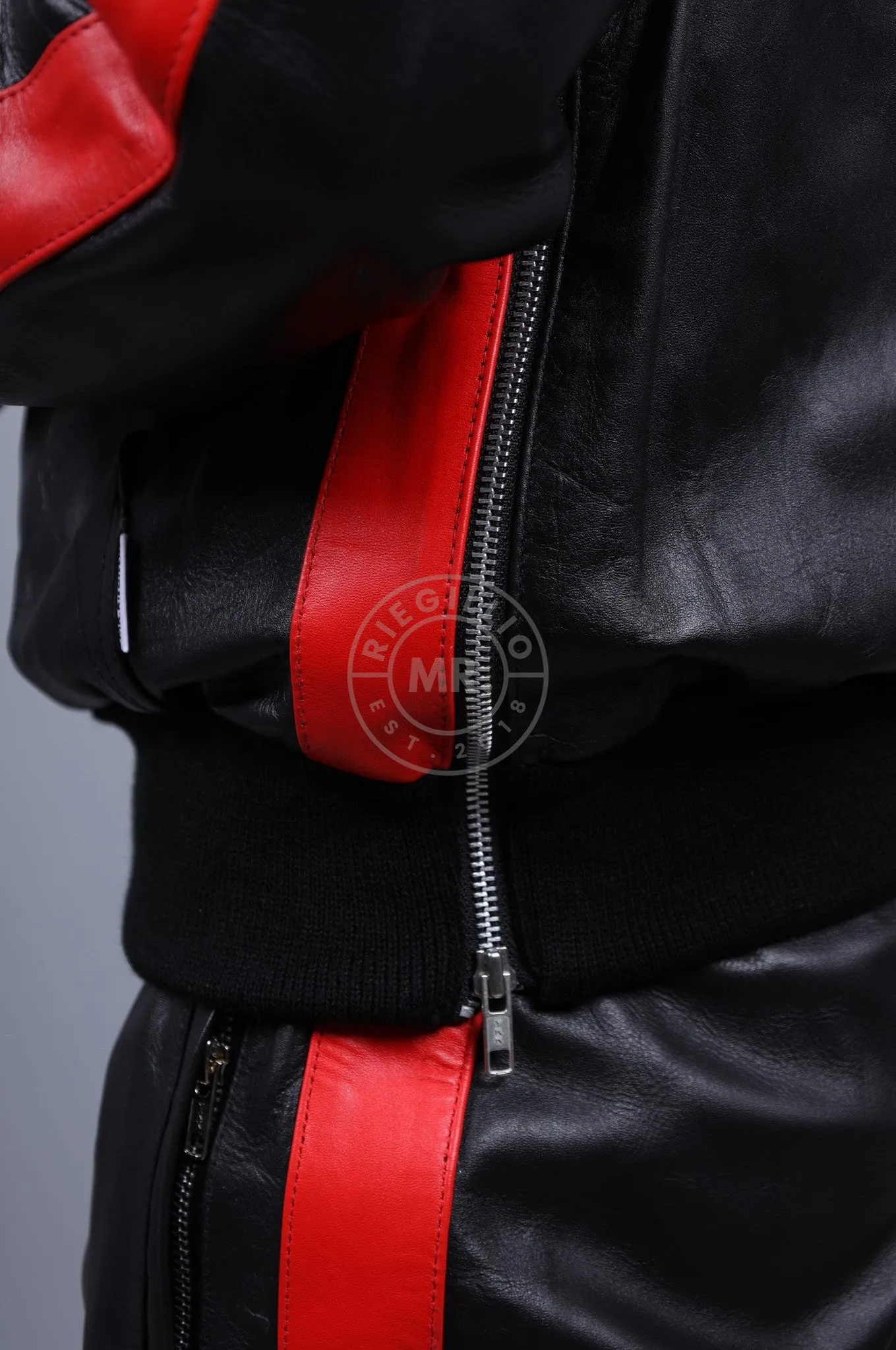 Black Leather Sports Hoodie - Red Stripe