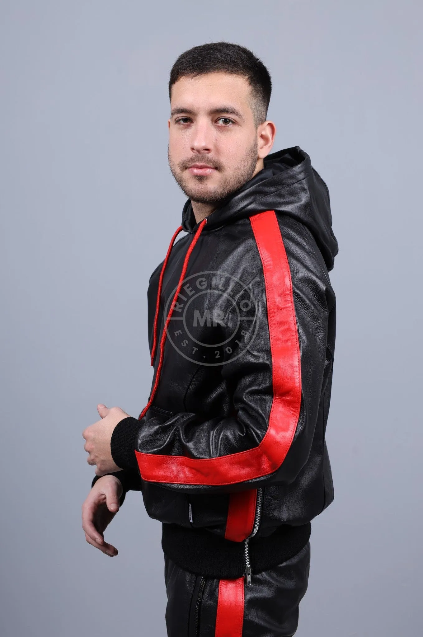 Black Leather Sports Hoodie - Red Stripe