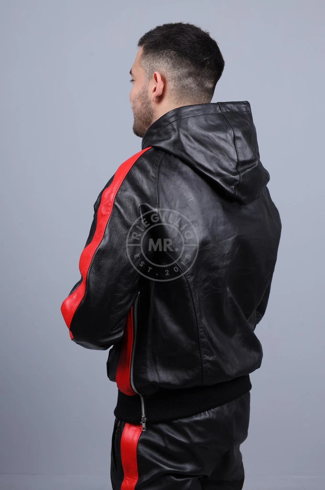 Black Leather Sports Hoodie - Red Stripe