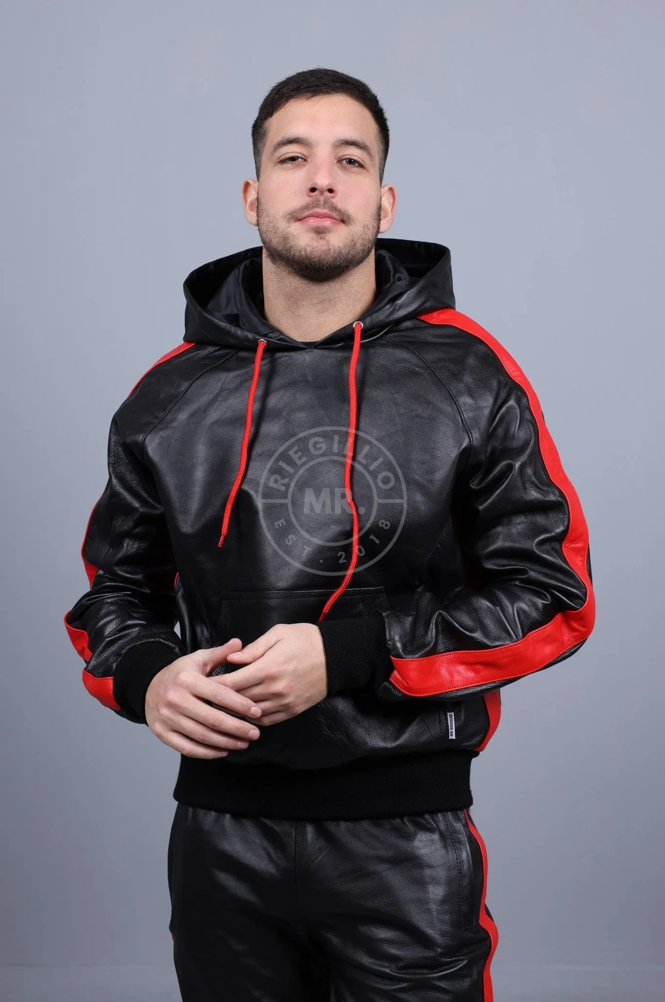 Black Leather Sports Hoodie - Red Stripe