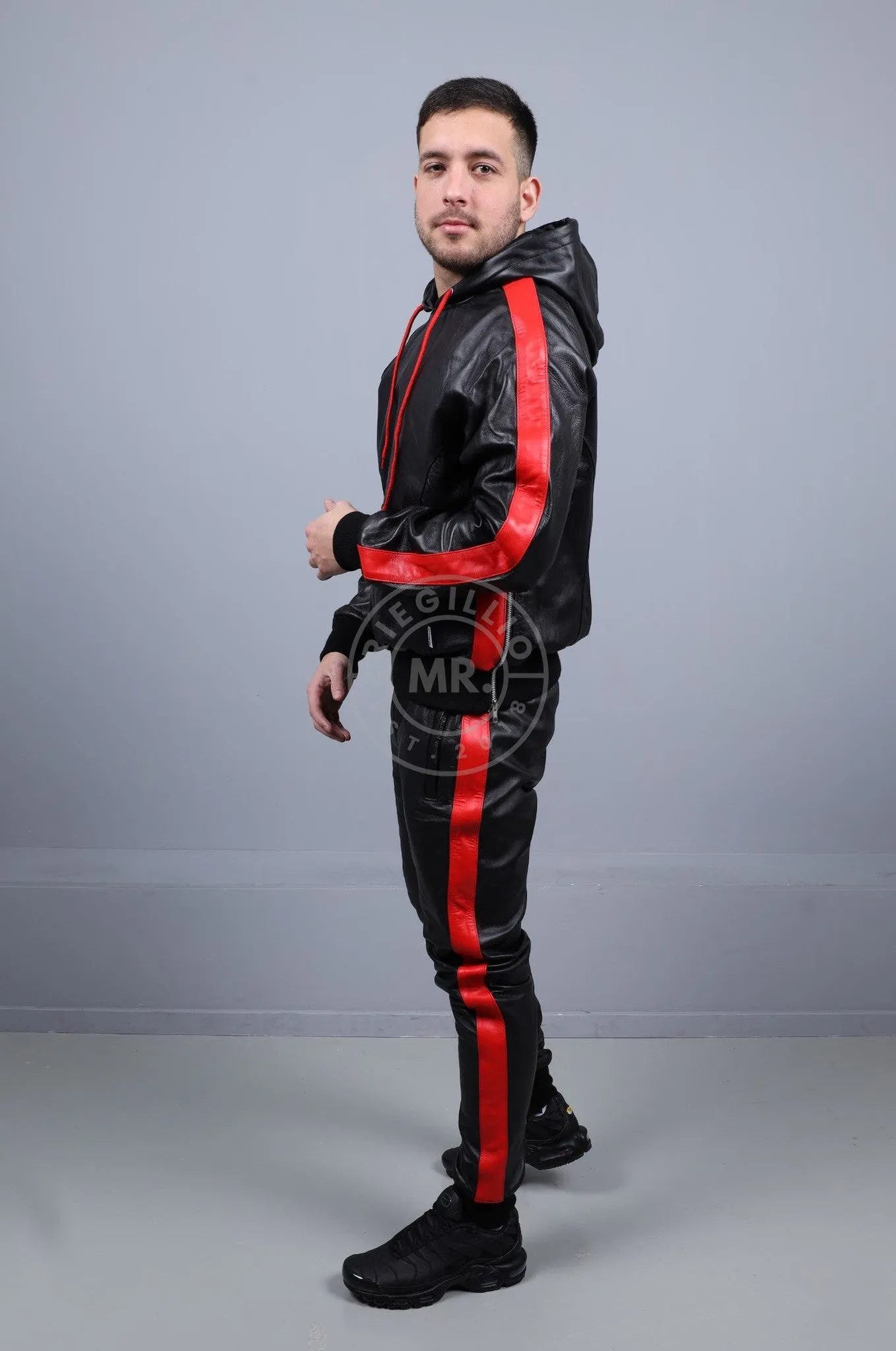 Black Leather Sports Hoodie - Red Stripe