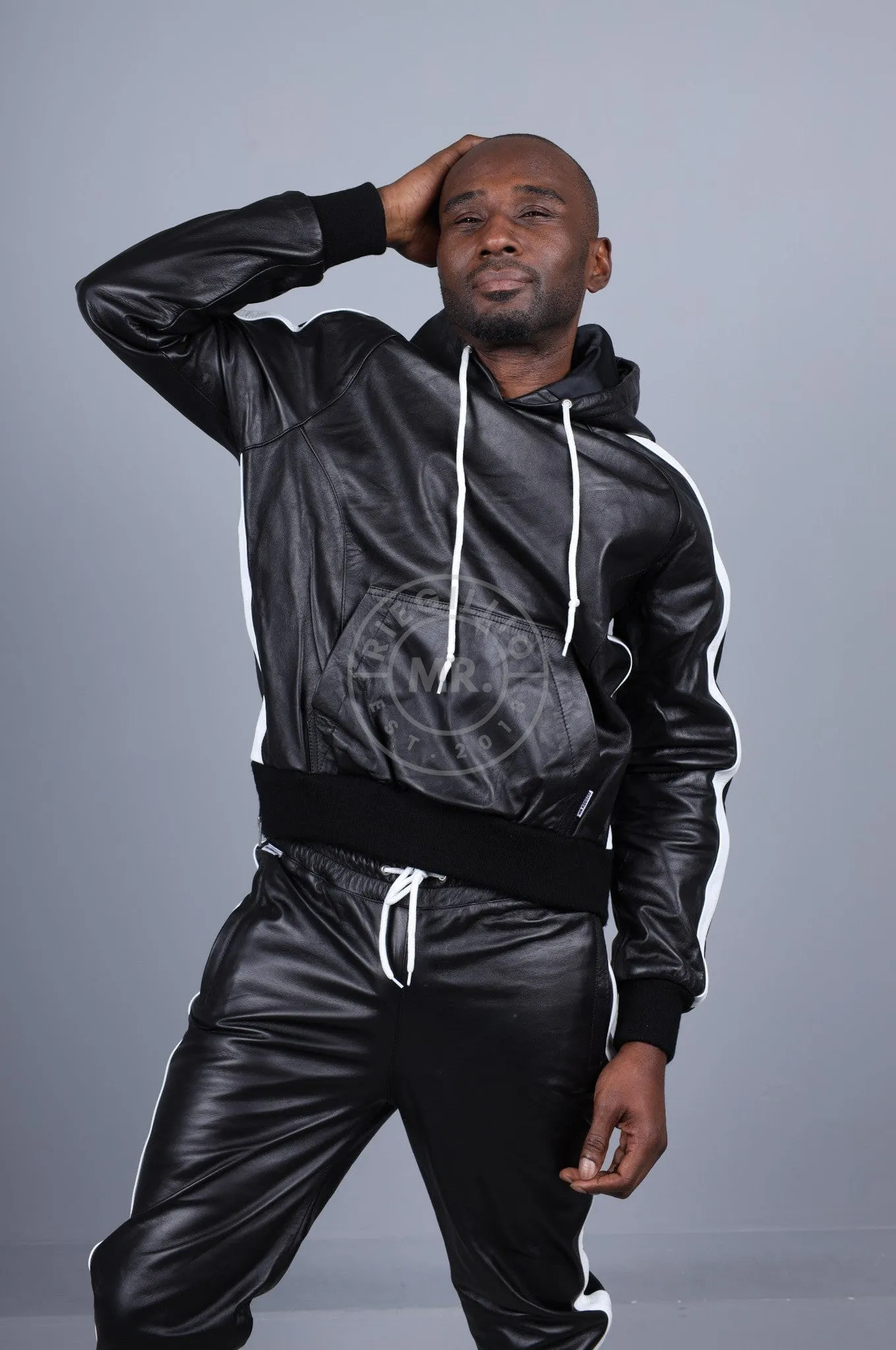 Black Leather Sports Hoodie - White Stripe