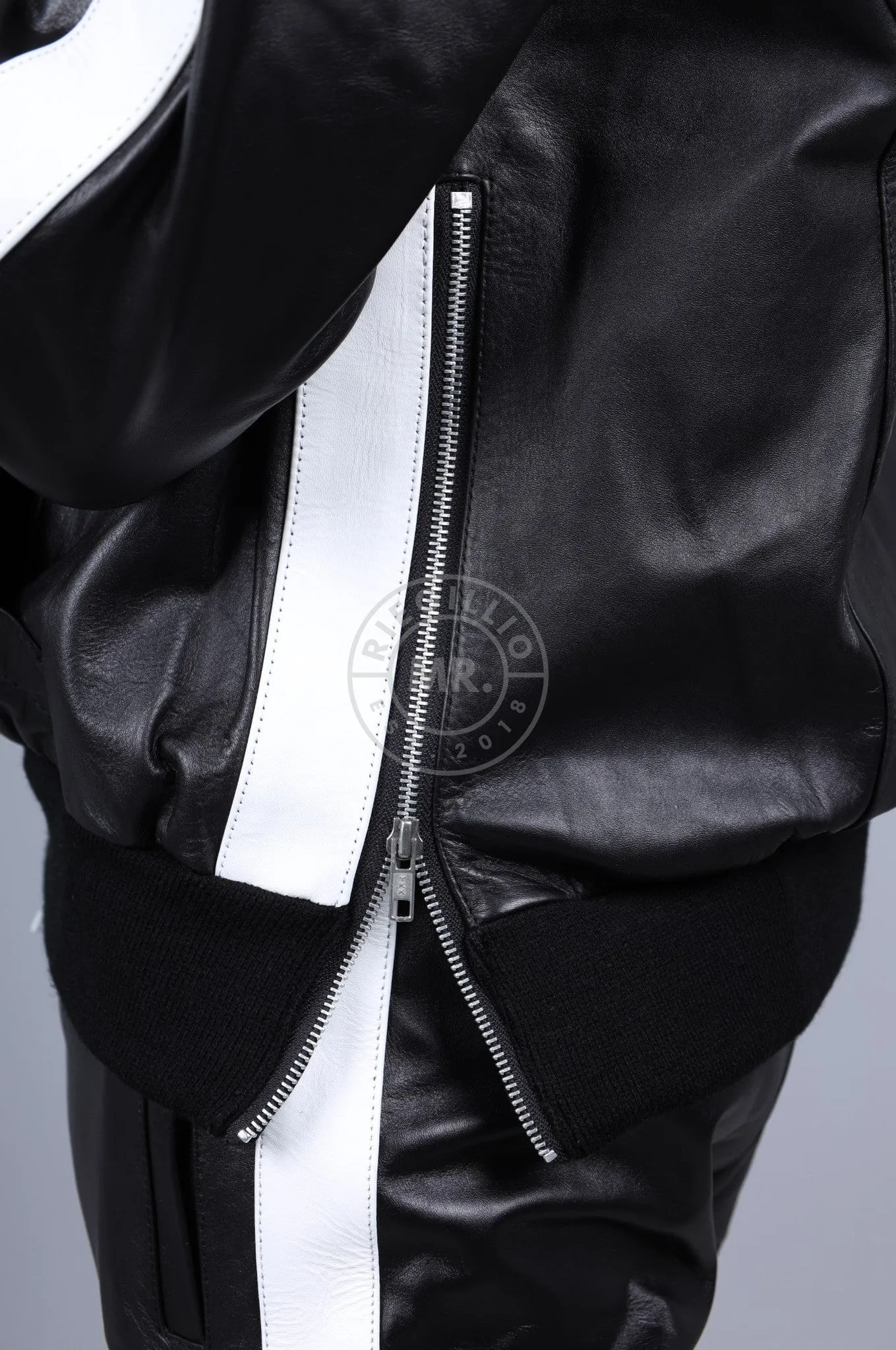 Black Leather Sports Hoodie - White Stripe