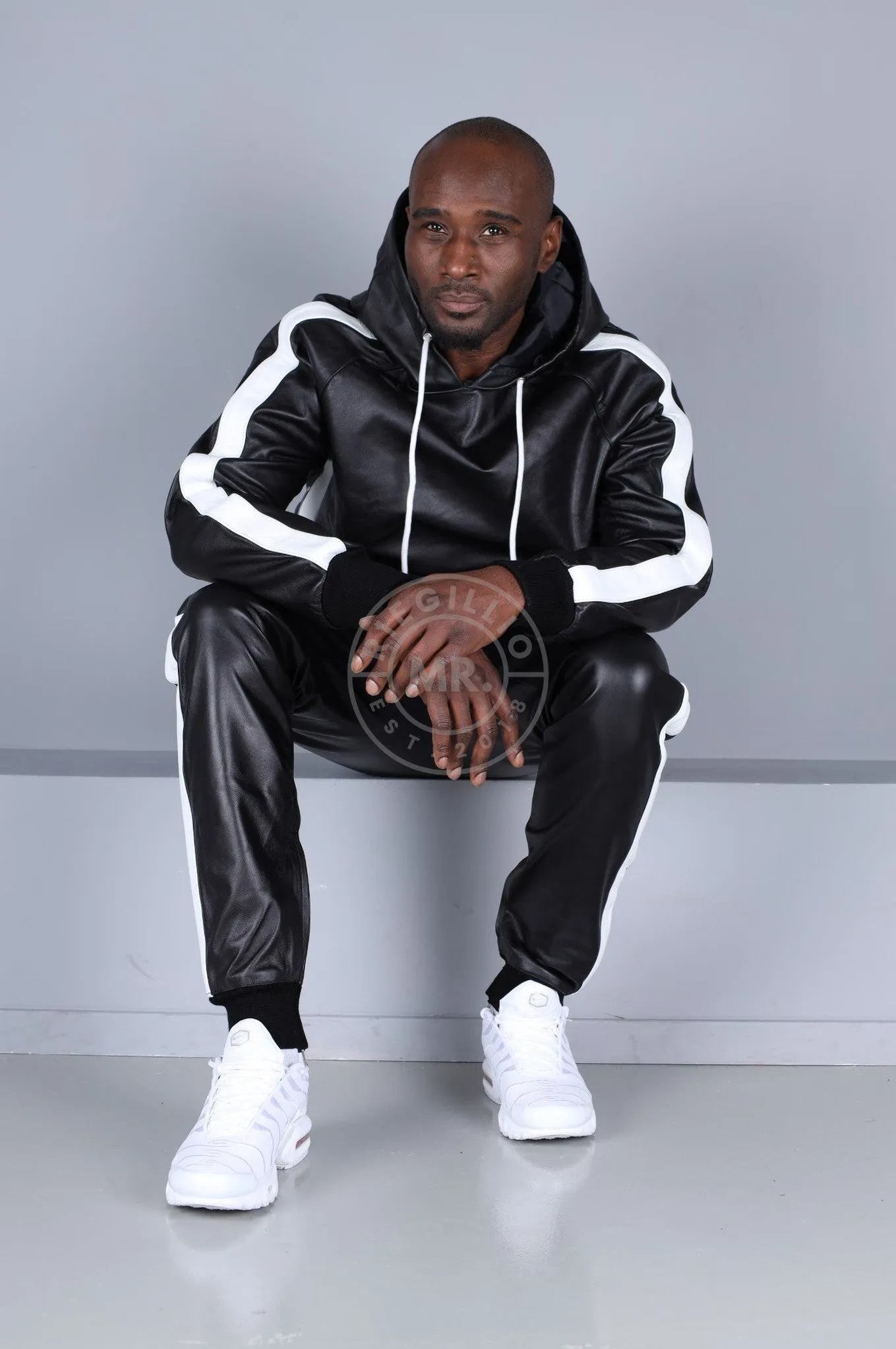 Black Leather Sports Hoodie - White Stripe