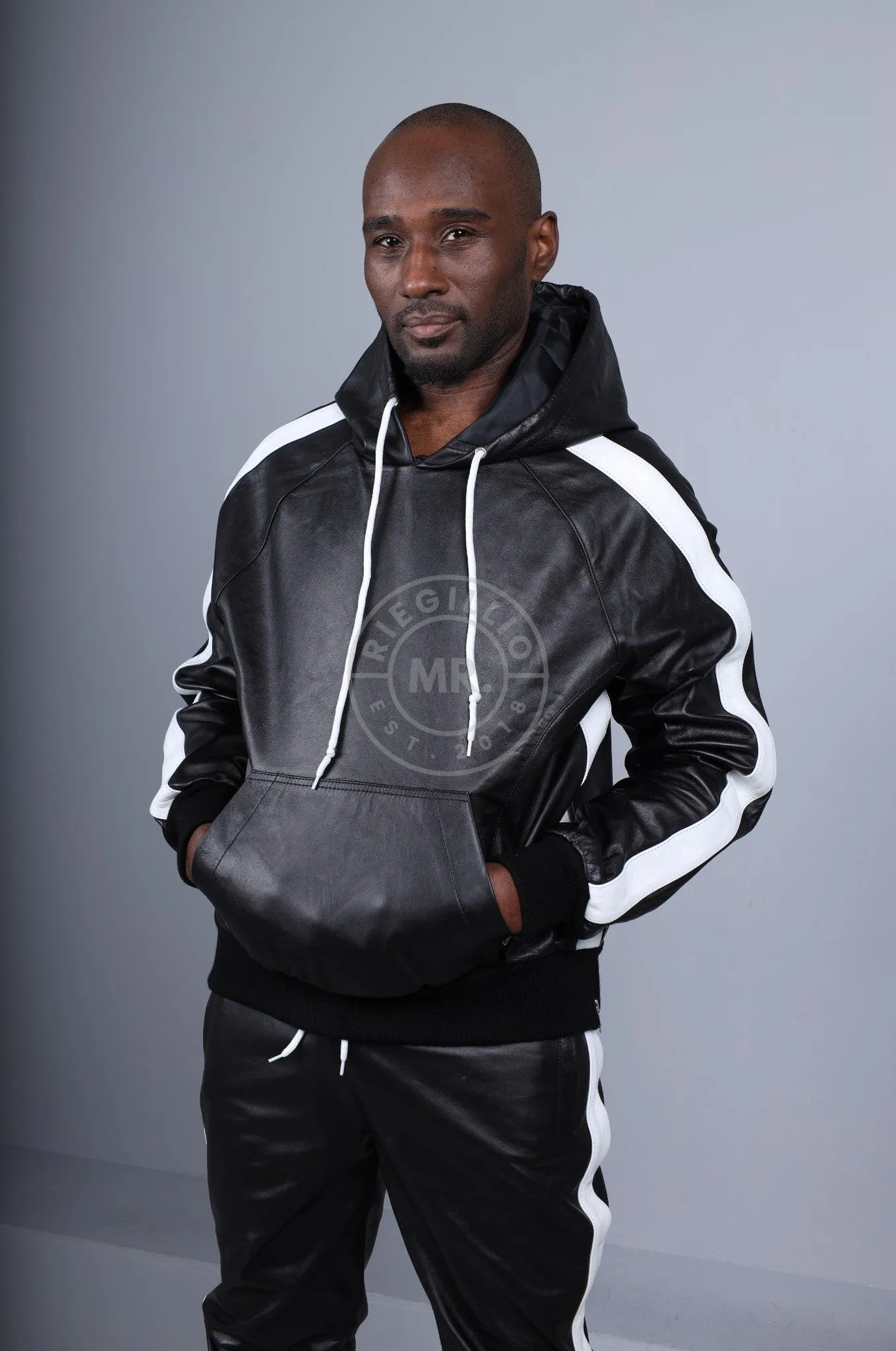 Black Leather Sports Hoodie - White Stripe