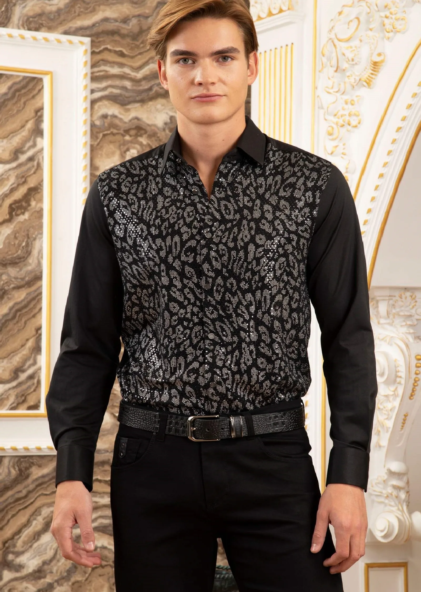 Black Silver Leopard Sequin Shirt