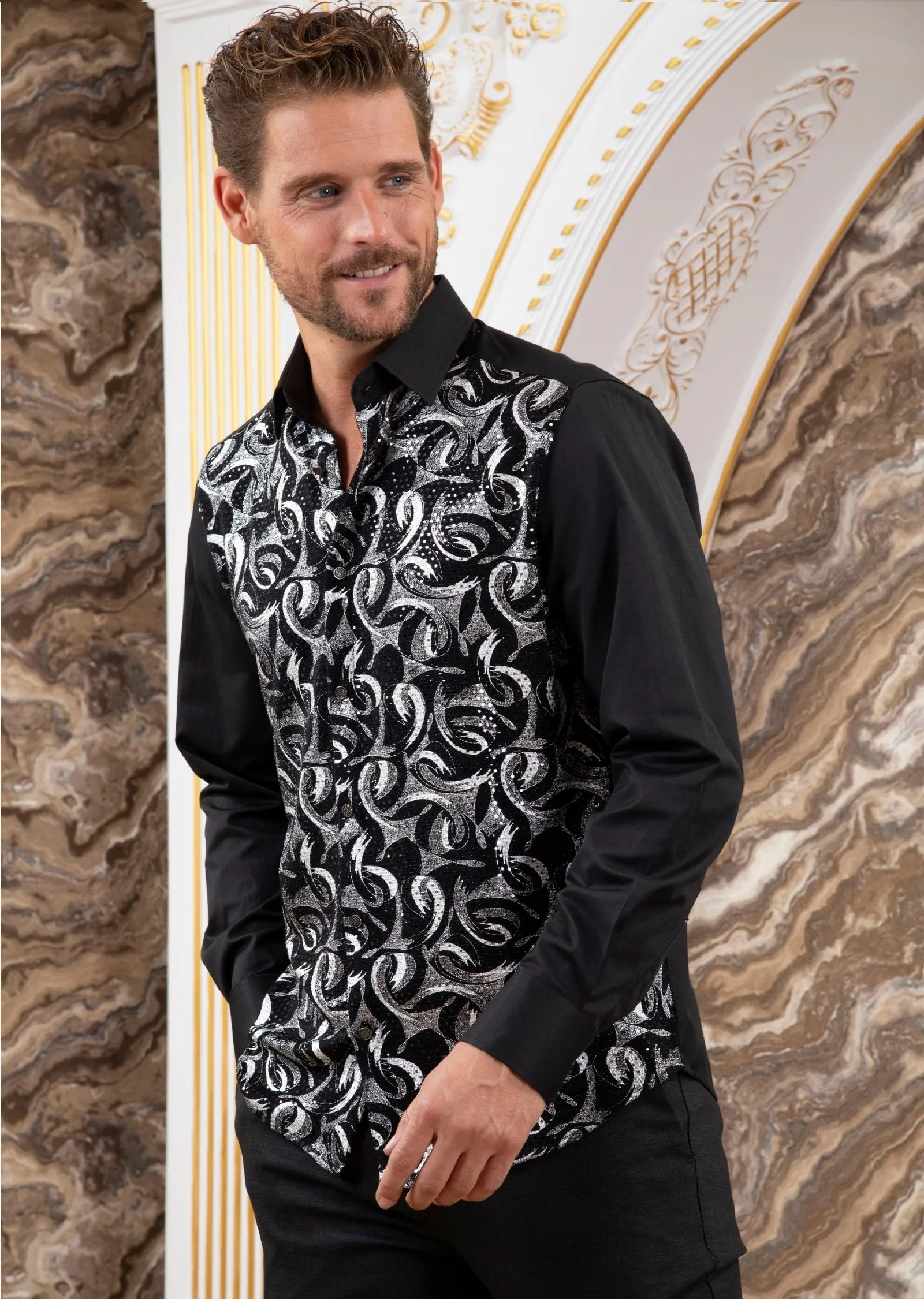 Black Silver Wave Sequin Luxe Shirt