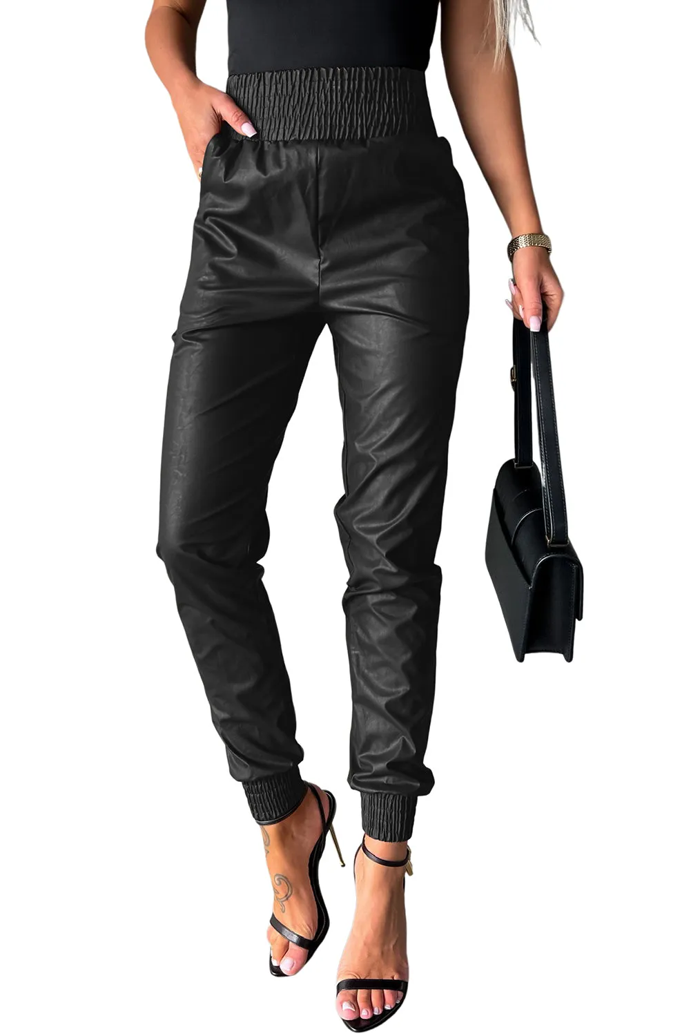 Black Smocked High-Waist Leather Skinny Pants