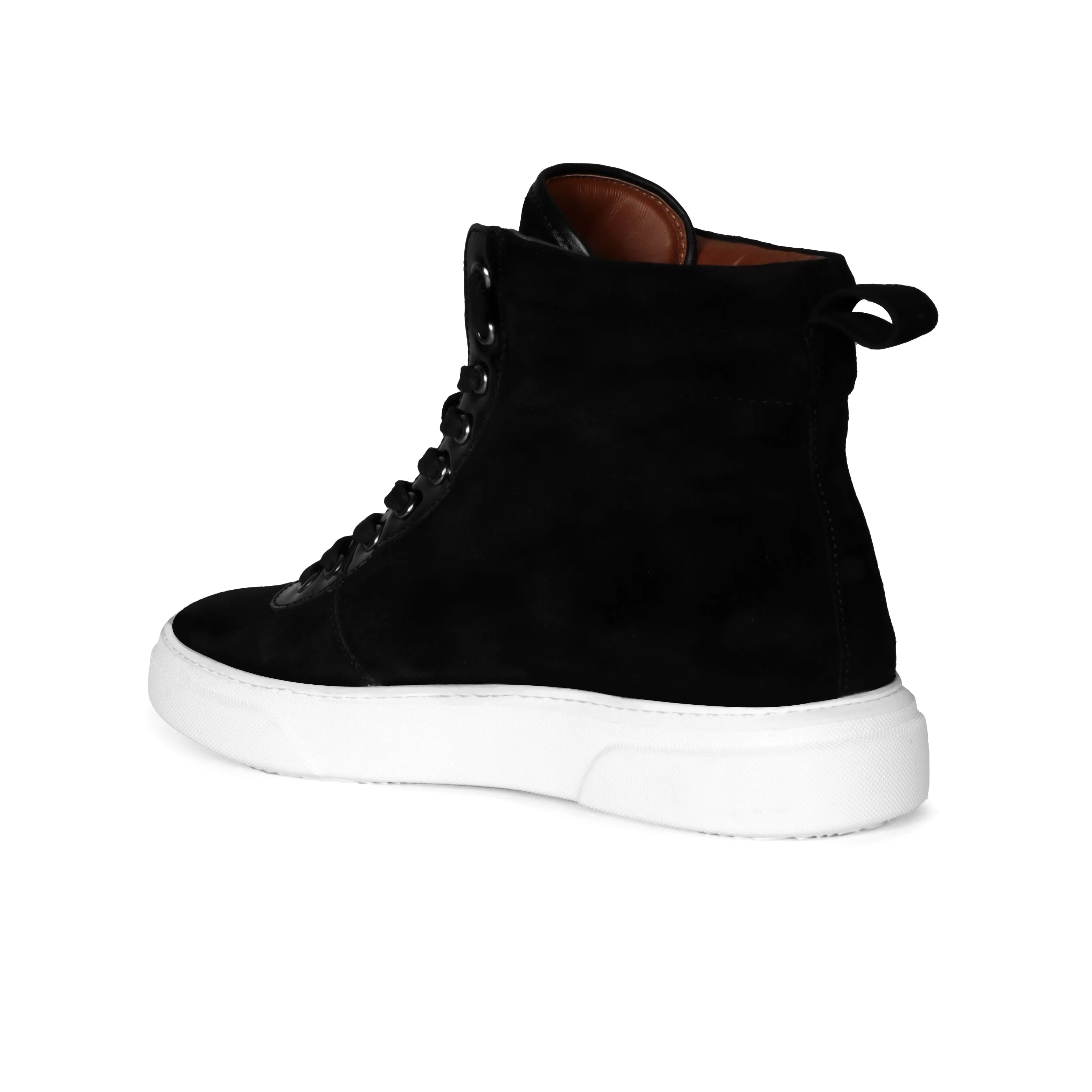 Black Suede Leather With Contrasting Patent Detailing Mid Top Lace-Up Sneakers by Brune & Bareskin