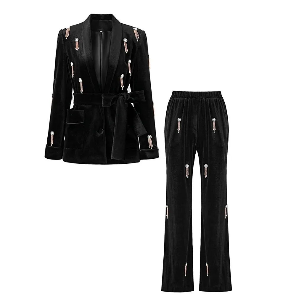 Black Velvet Crystal Blazer & Pants Set