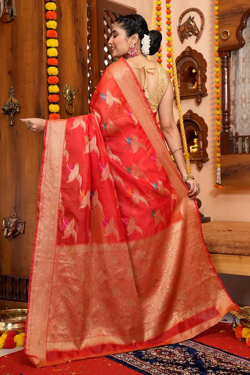 Blooming Red Organza Silk Saree With Conflate Blouse Piece