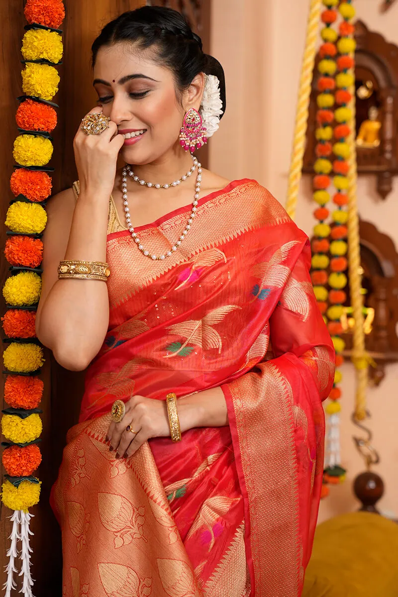 Blooming Red Organza Silk Saree With Conflate Blouse Piece