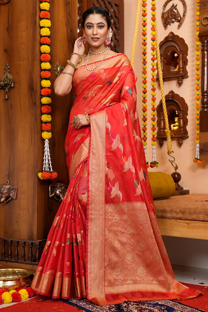 Blooming Red Organza Silk Saree With Conflate Blouse Piece