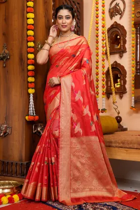 Blooming Red Organza Silk Saree With Conflate Blouse Piece