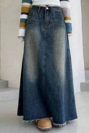 Boho Distressed Denim Maxi Skirt