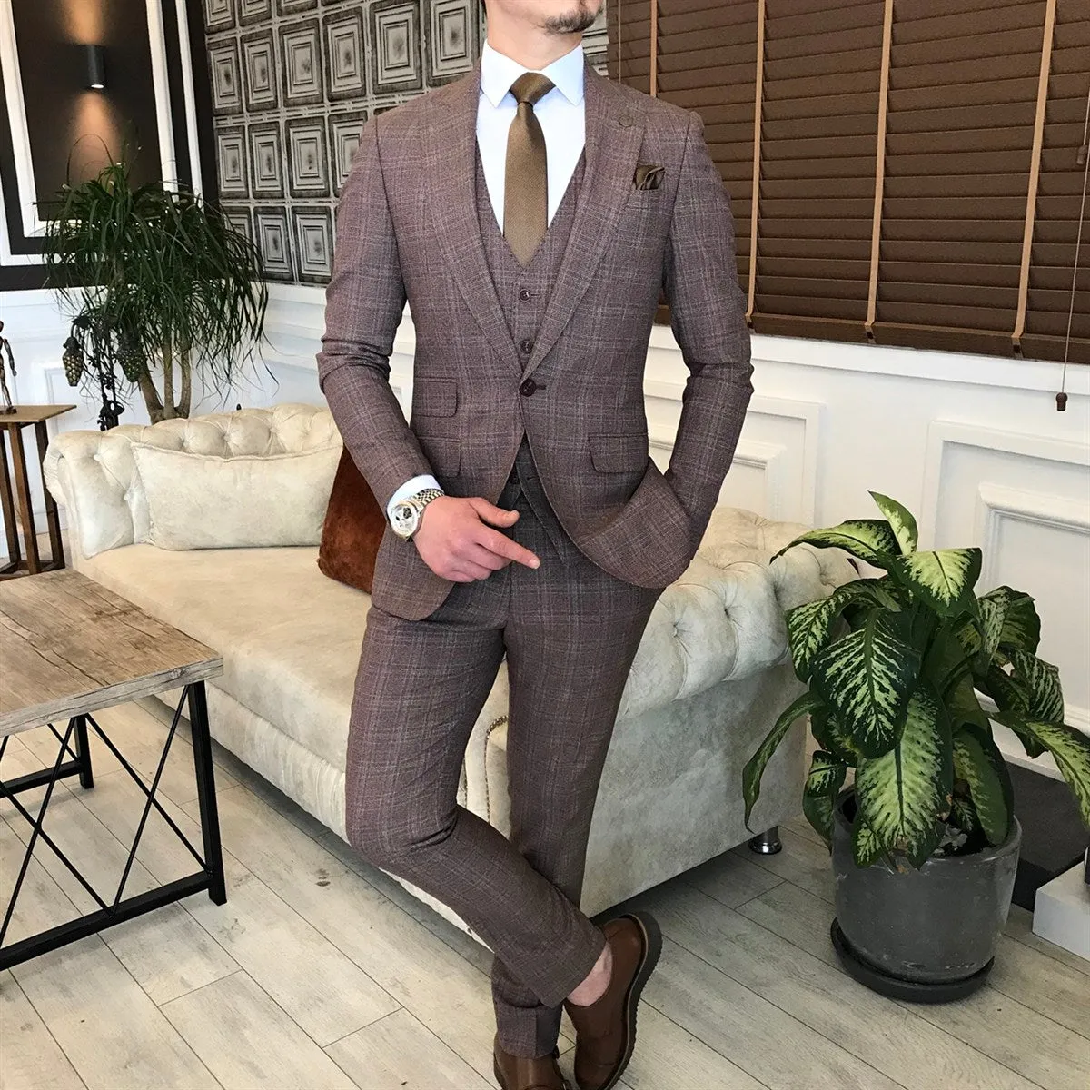 Bojoni Brown Plaid Single Breasted Suit 3-Piece