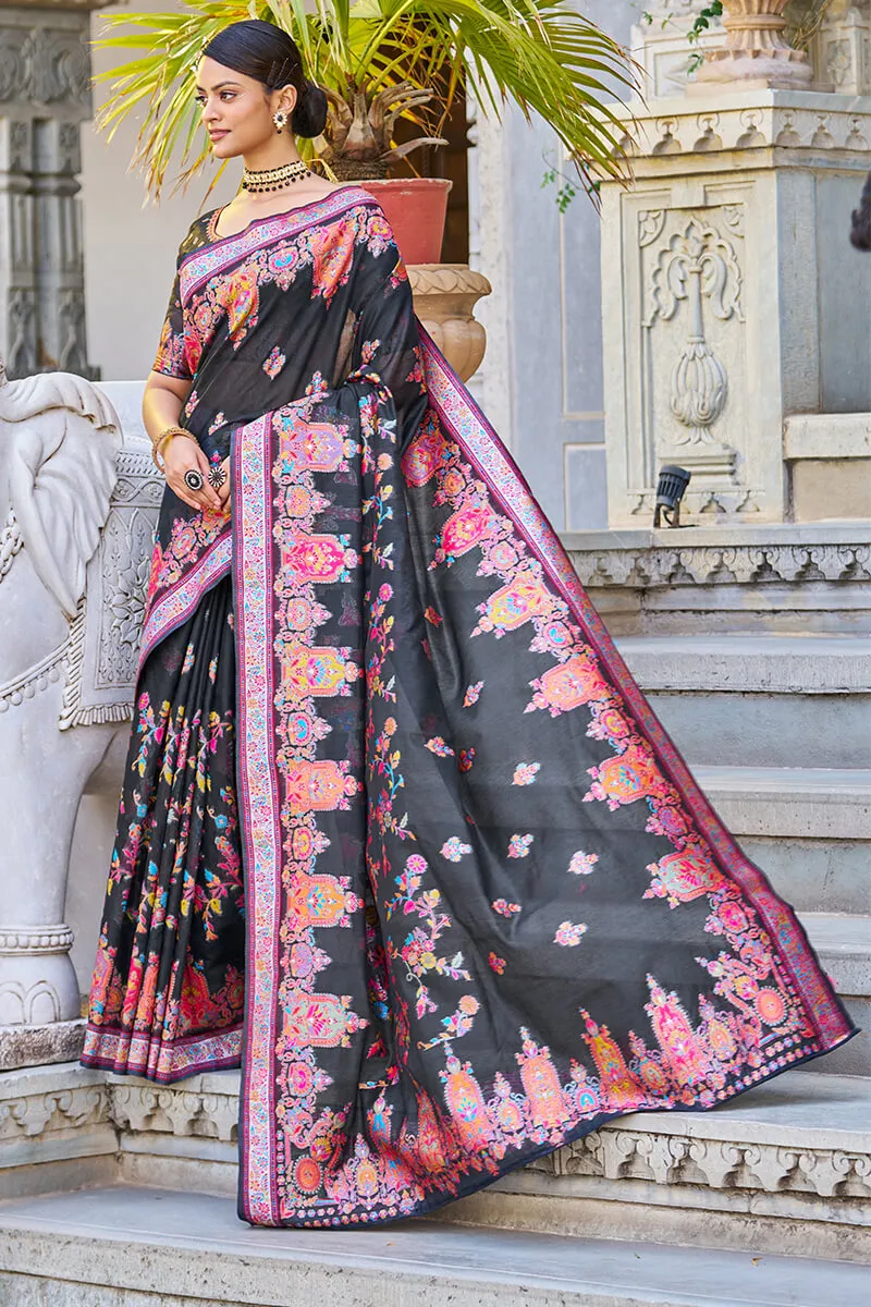 Breathtaking Black Pashmina saree With Precious Blouse Piece