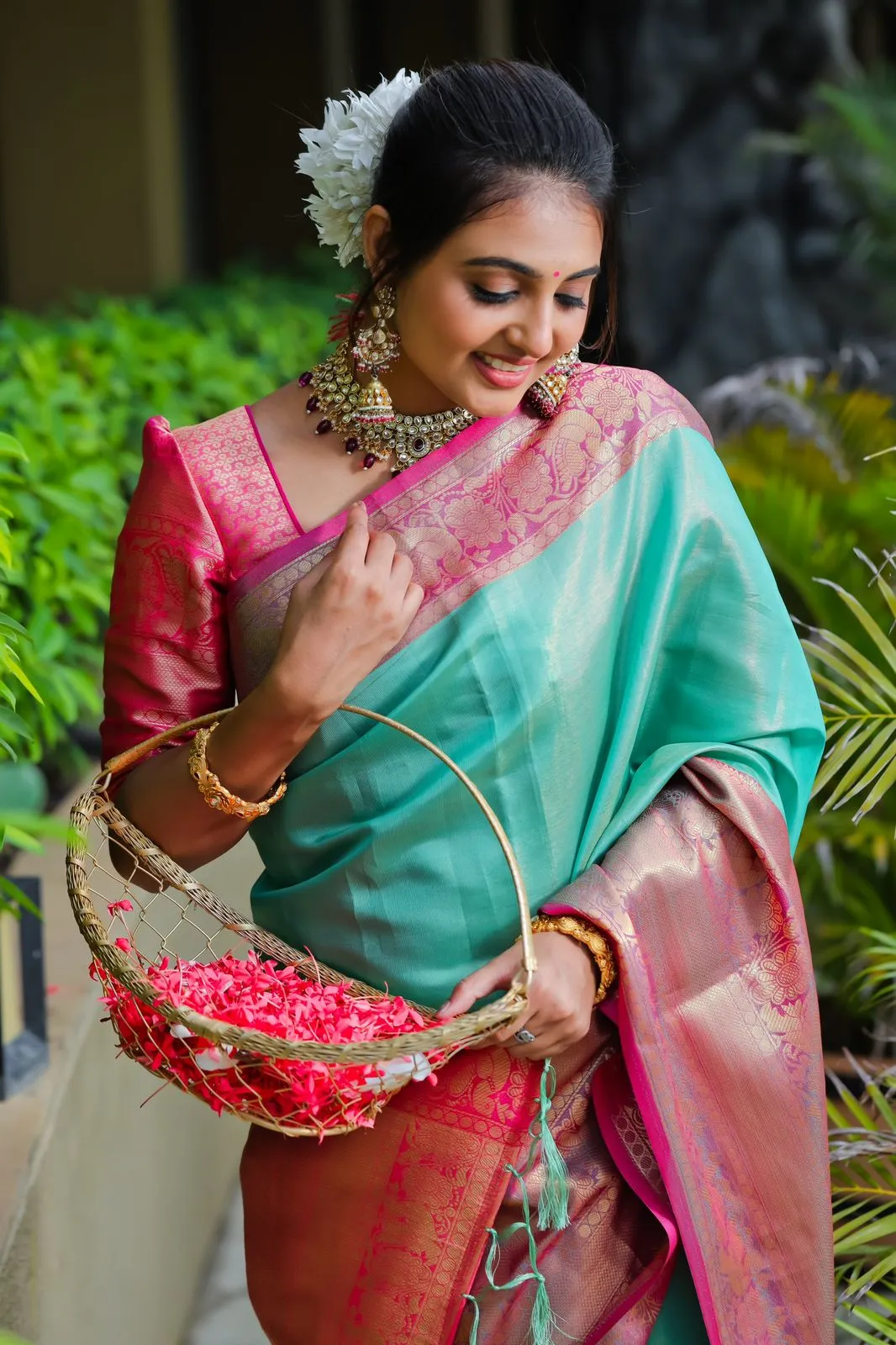 Breathtaking Sea Green Kanjivaram Silk Saree With Scintilla Blouse Piece