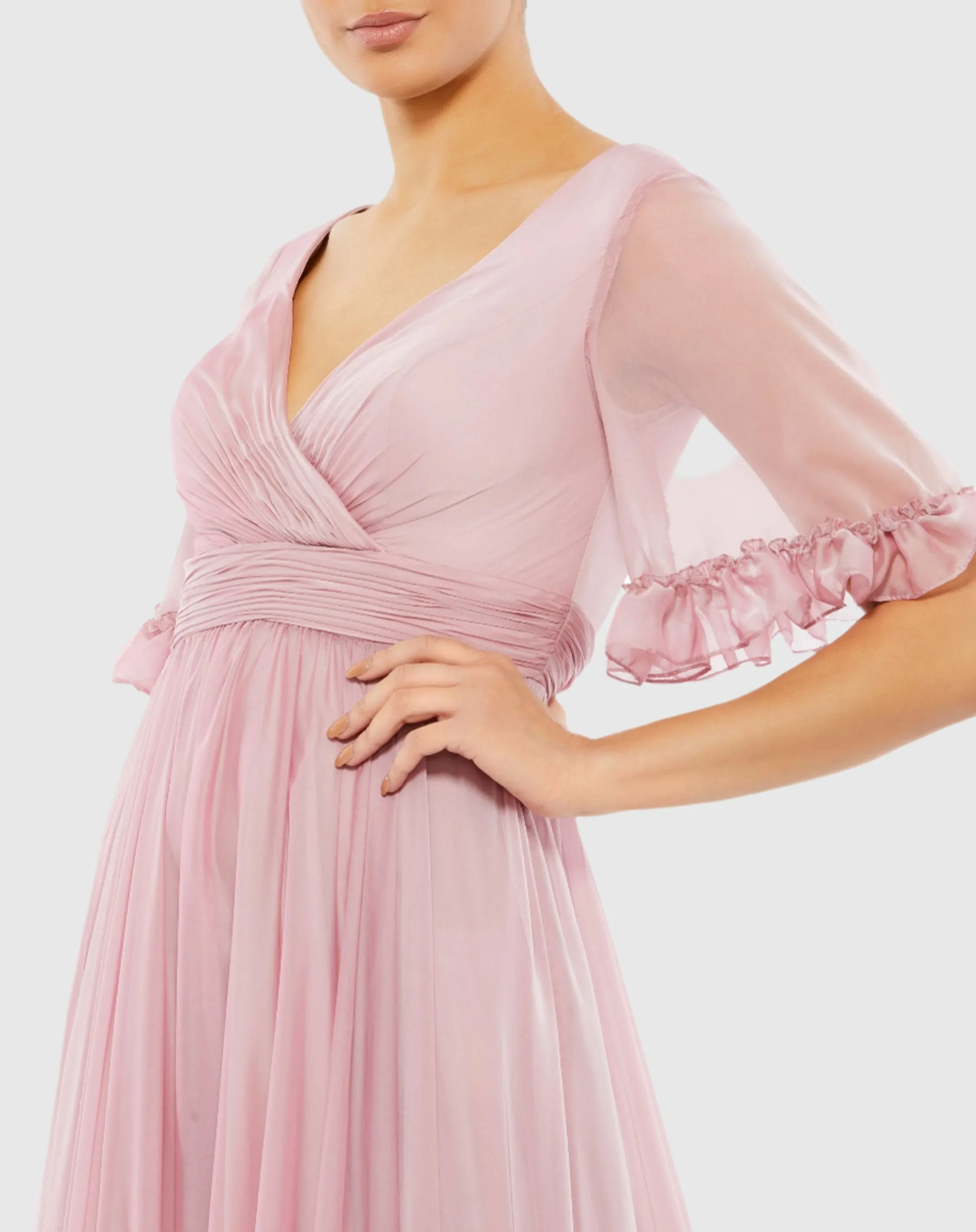 Butterfly Ruffle Trimmed Sleeve Wrap Over Flowy Gown