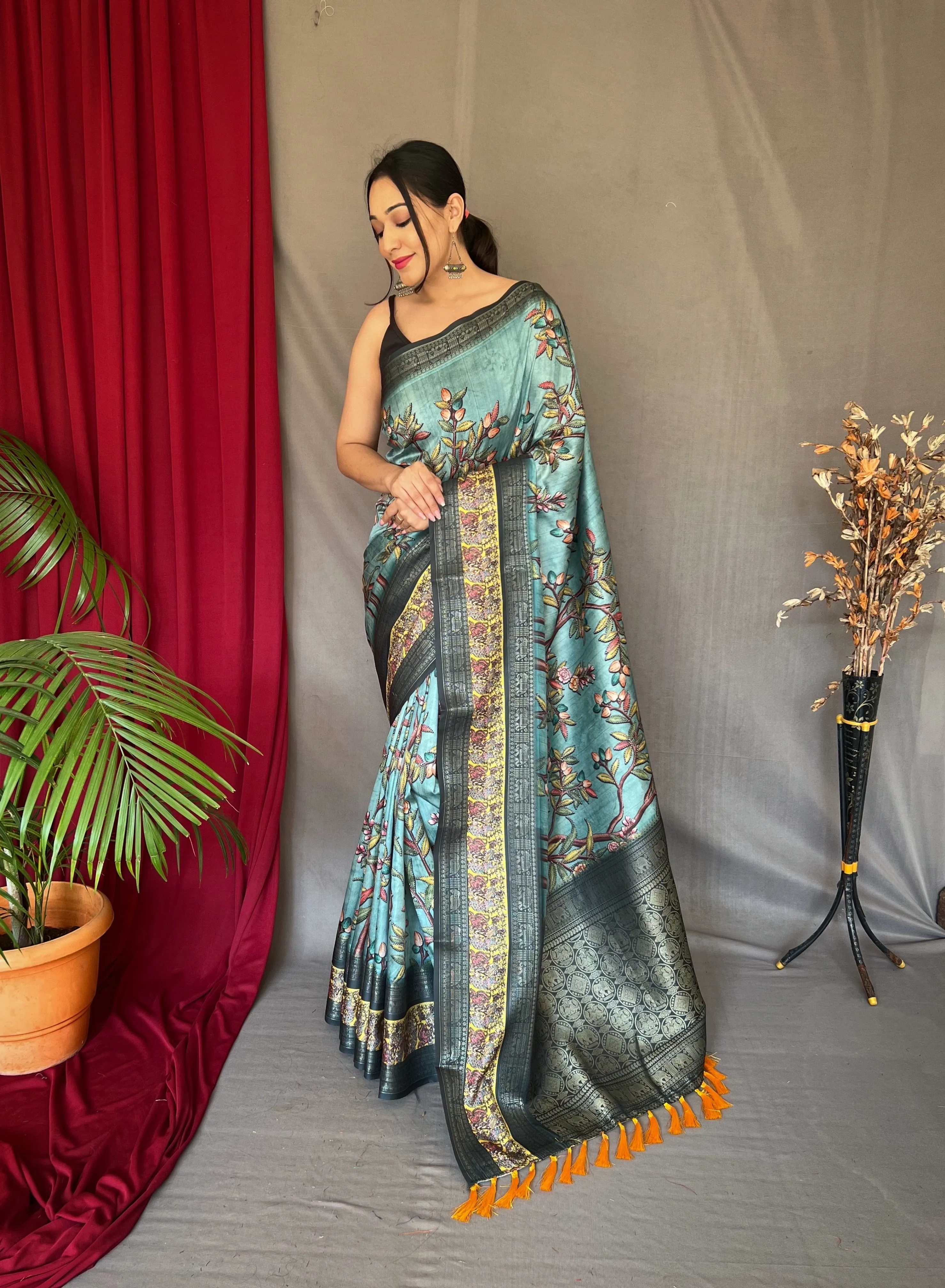 Cadet Blue Saree in Banarasi Silk Contrast Woven with Kalamkari Prints