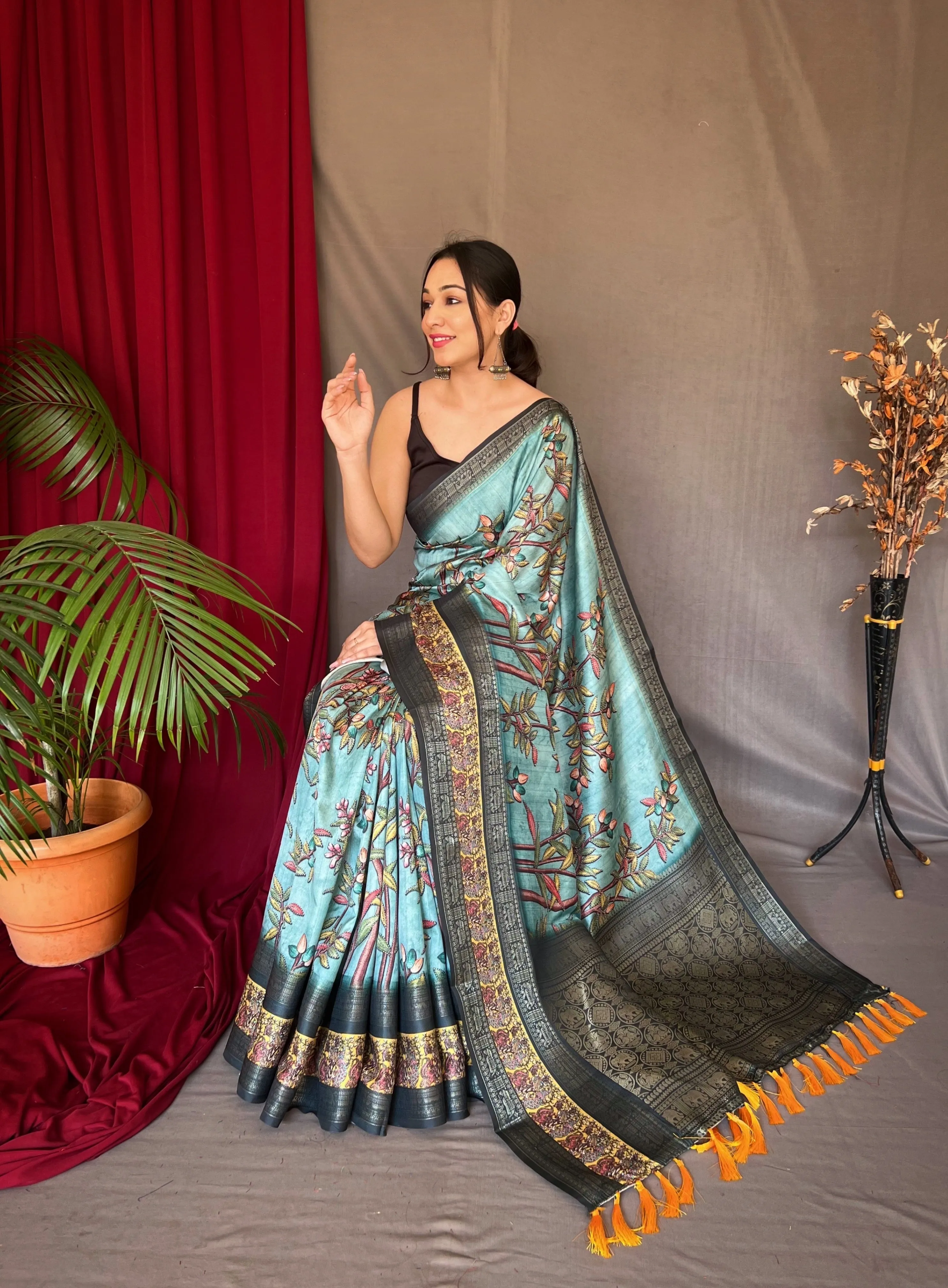 Cadet Blue Saree in Banarasi Silk Contrast Woven with Kalamkari Prints