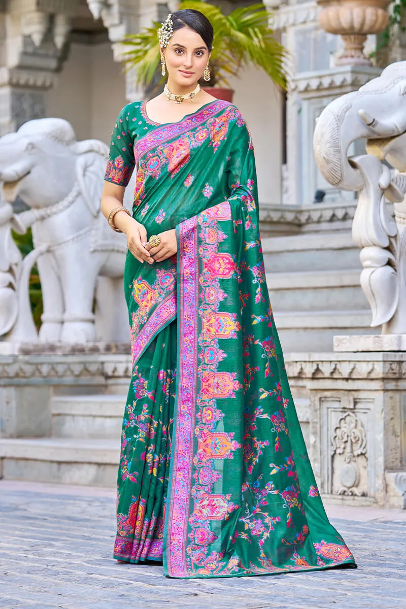 Captivating Rama Pashmina saree With Mesmerising Blouse Piece