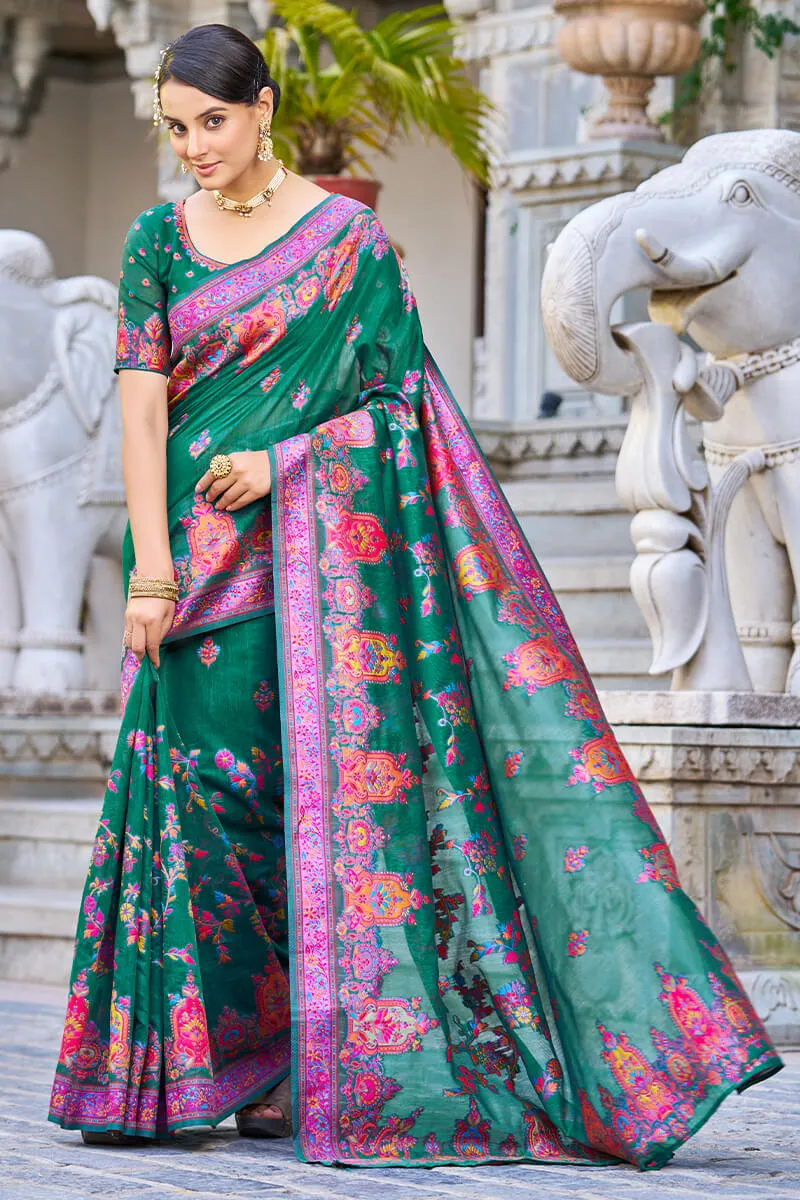 Captivating Rama Pashmina saree With Mesmerising Blouse Piece