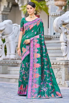 Captivating Rama Pashmina saree With Mesmerising Blouse Piece