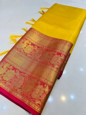 Captivating Yellow Kanjivaram Silk Saree With Fugacious Blouse Piece