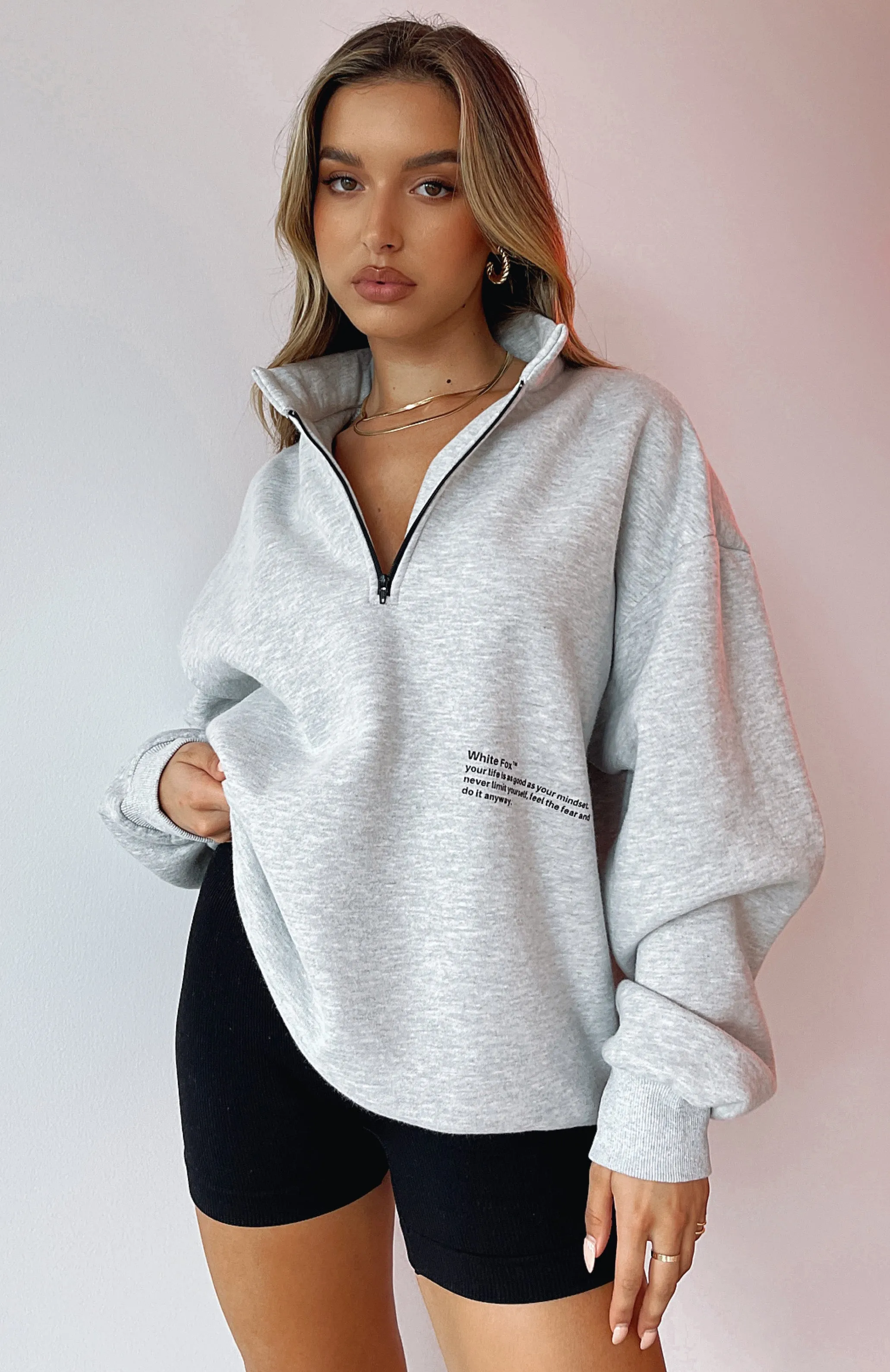 Caught Up With You Zip Front Sweater Grey Marle