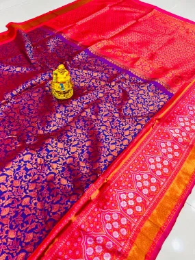 Charming Royal Blue Kanjivaram Silk Saree With Staggering Blouse Piece