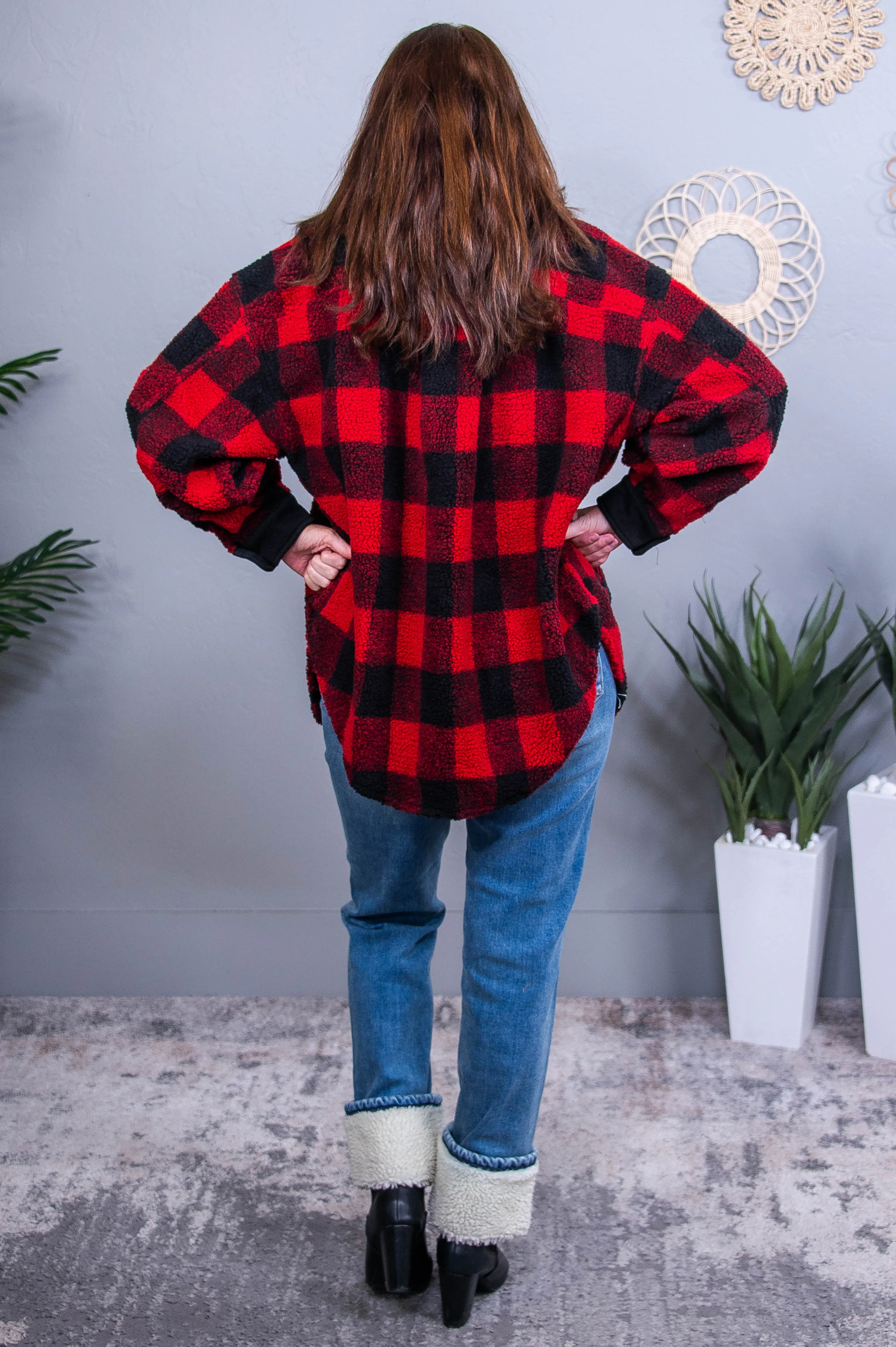 Checking Out Early Red/Black Checkered Sherpa Jacket - O5668RD