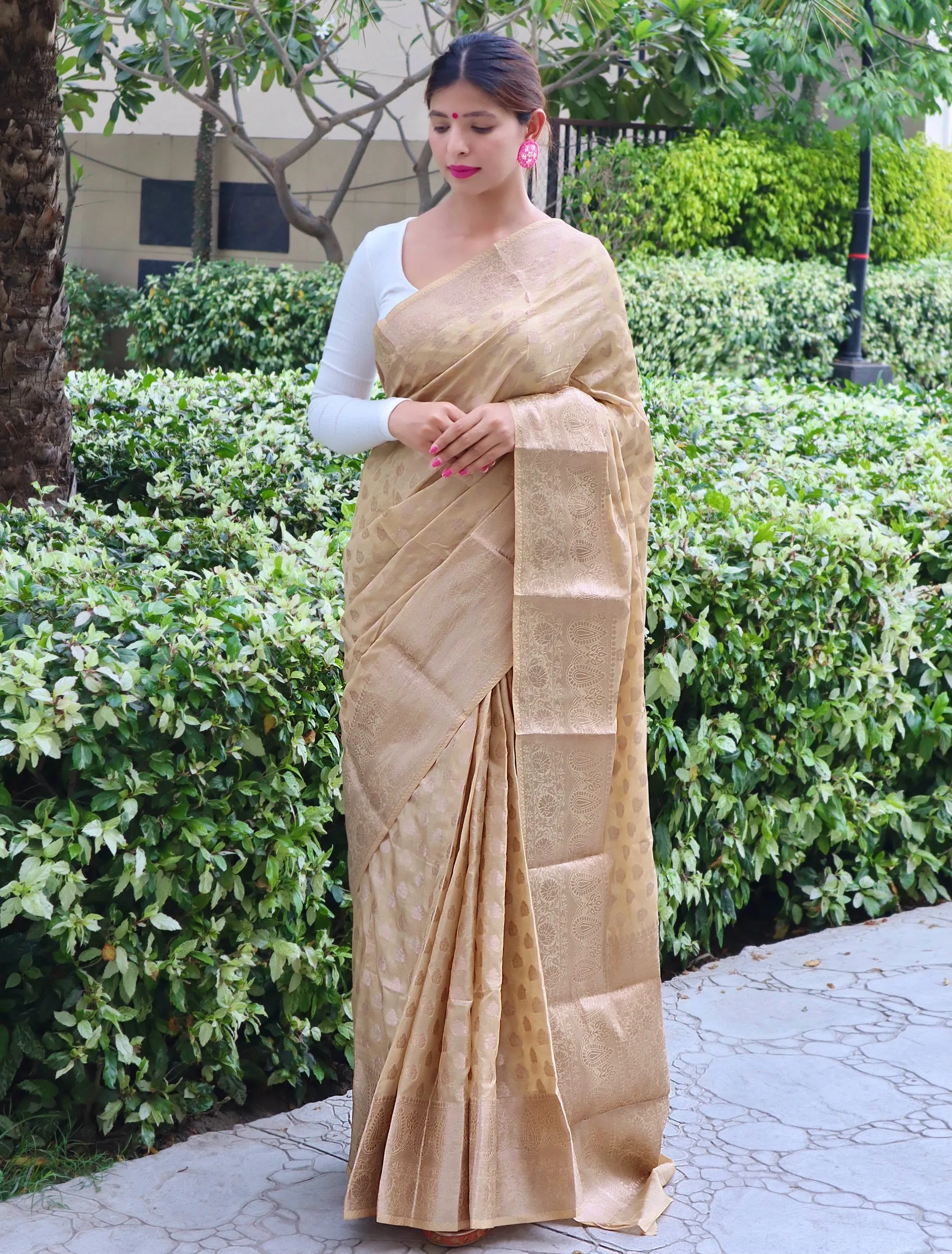 Chickoo Saree in Soft Dola Silk Rose Gold Zari Woven