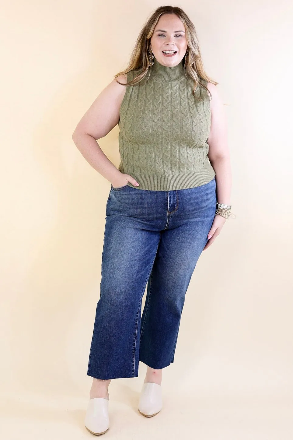 Cider Sips Cropped Sweater Tank Top with High Neck in Sage Green