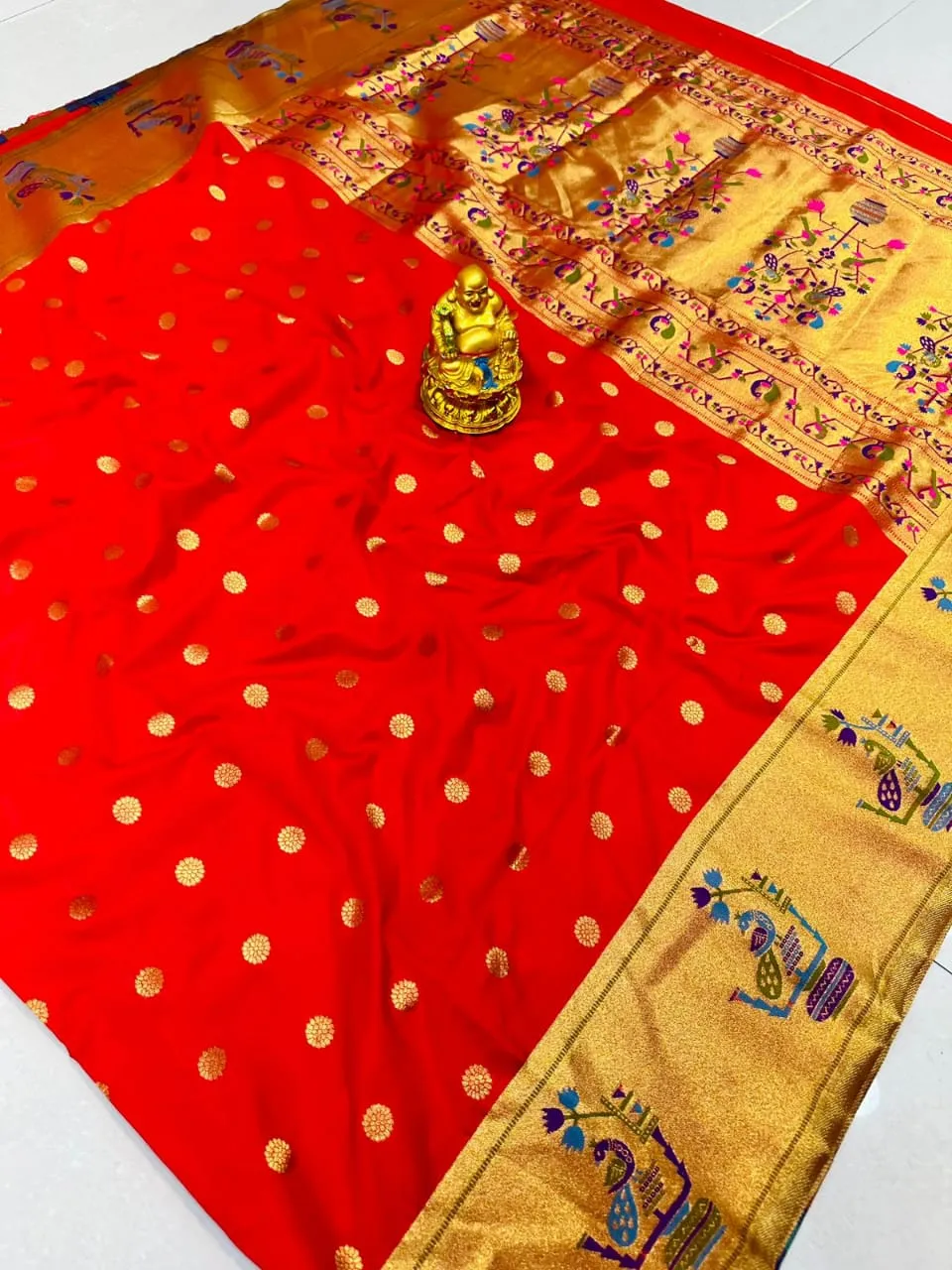 Classic Red Paithani Silk Saree With Elision Blouse Piece