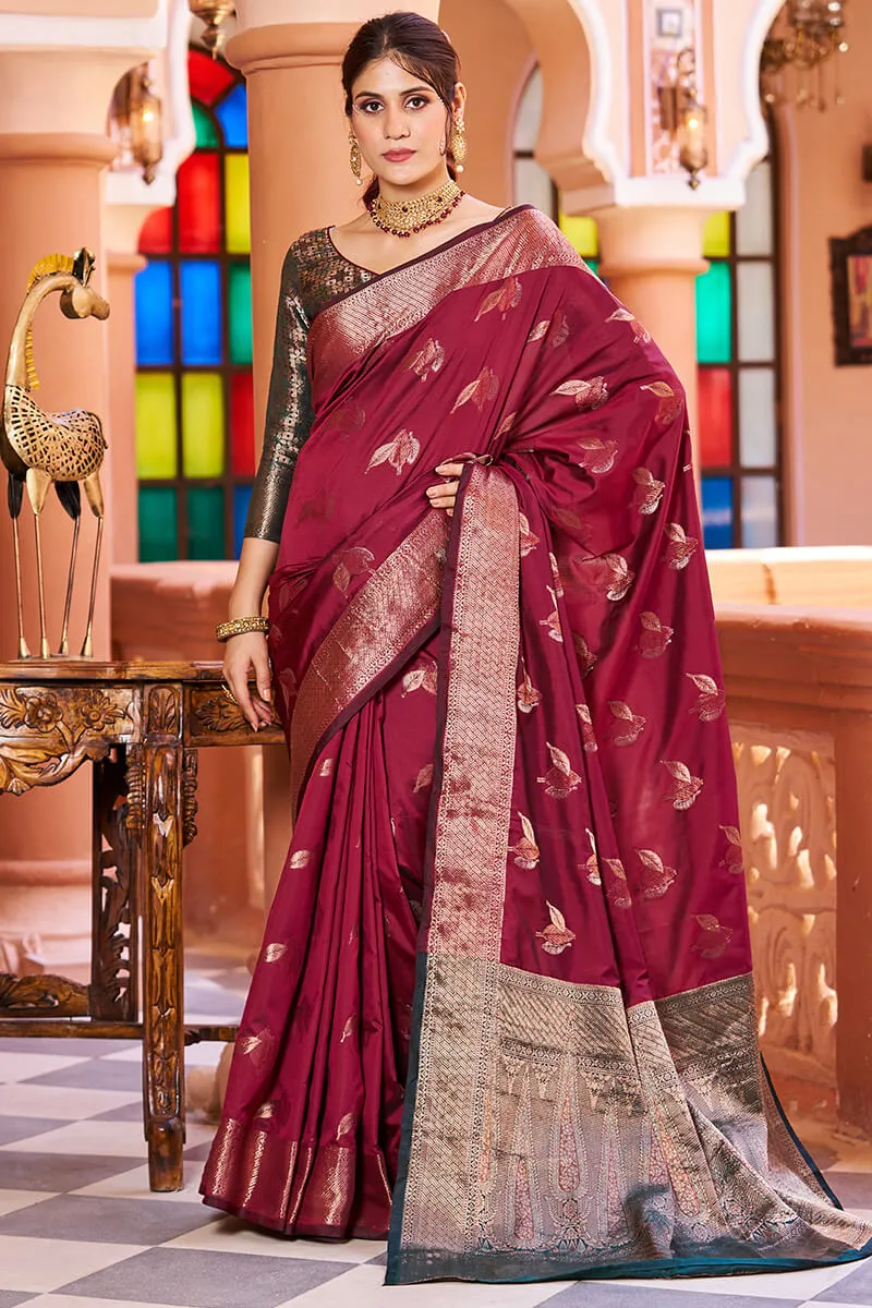 Classic Wine Soft Banarasi Silk Saree With A glam Blouse Piece