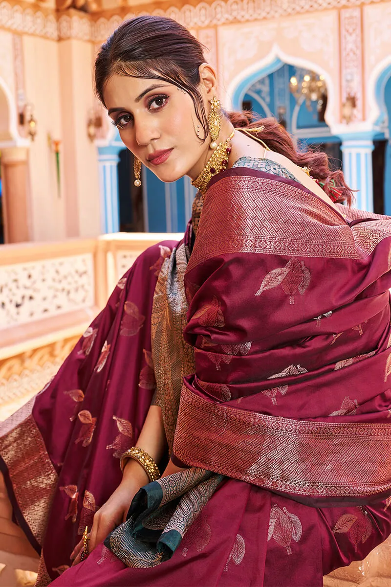 Classic Wine Soft Banarasi Silk Saree With A glam Blouse Piece