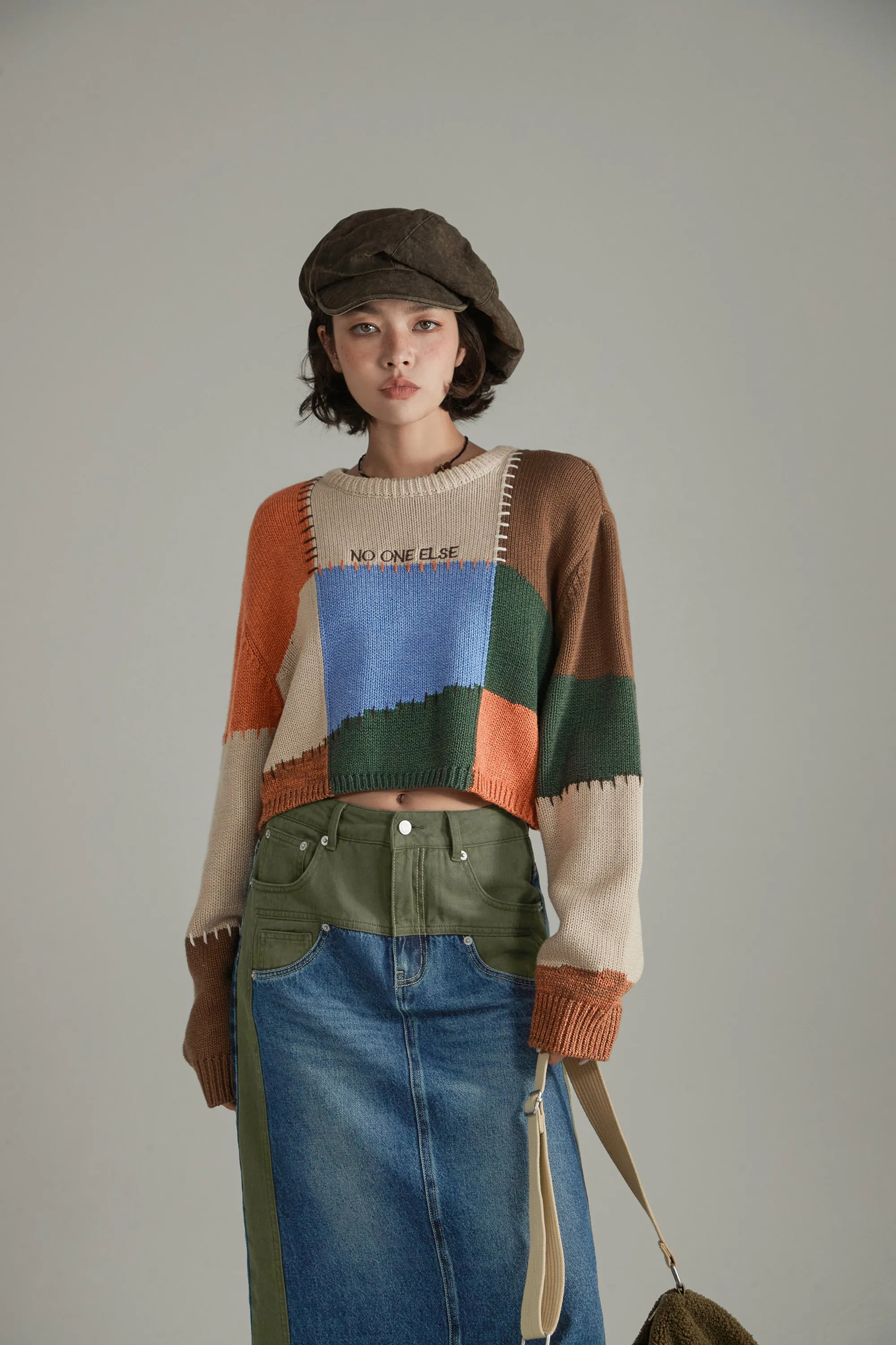 Color Patchwork Crop Knit Sweater