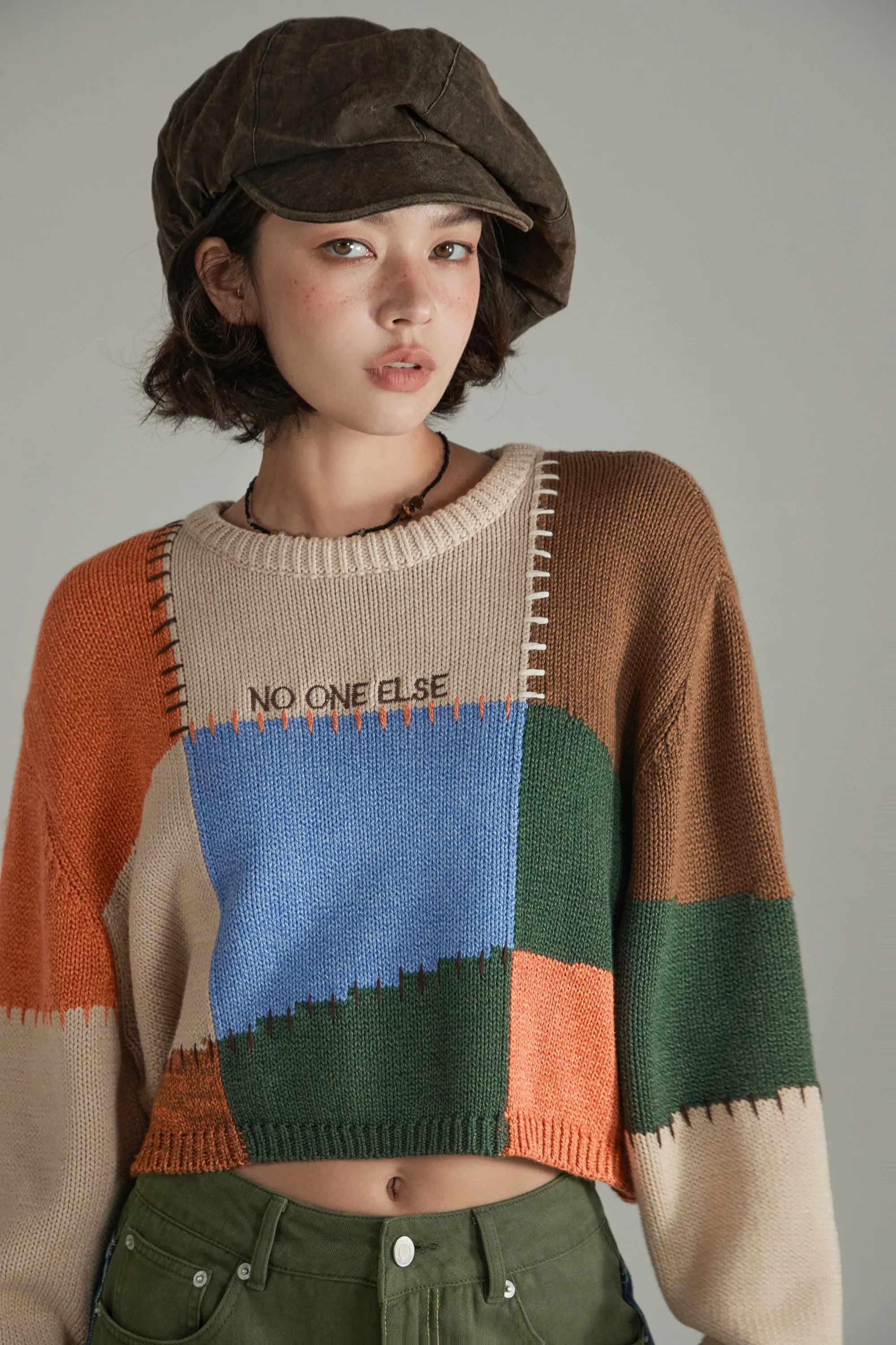 Color Patchwork Crop Knit Sweater