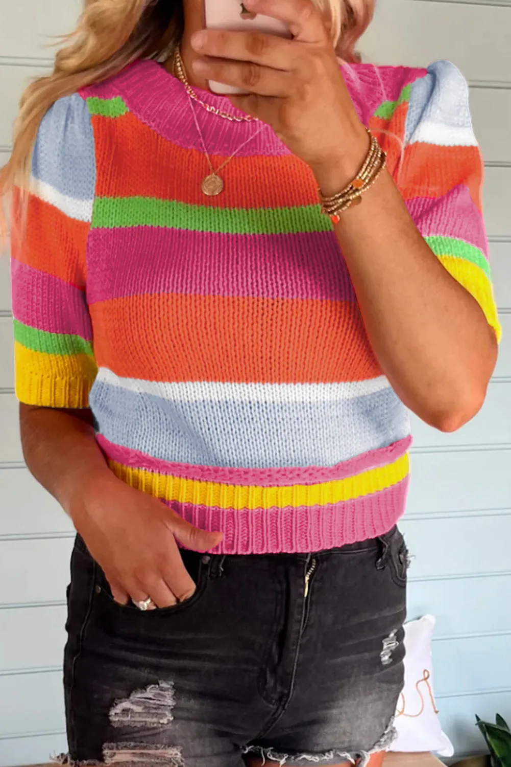 Colorblock Short Sleeve Crop Sweater