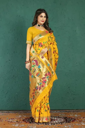 Comely Yellow Paithani Silk Saree With Adoring Blouse Piece