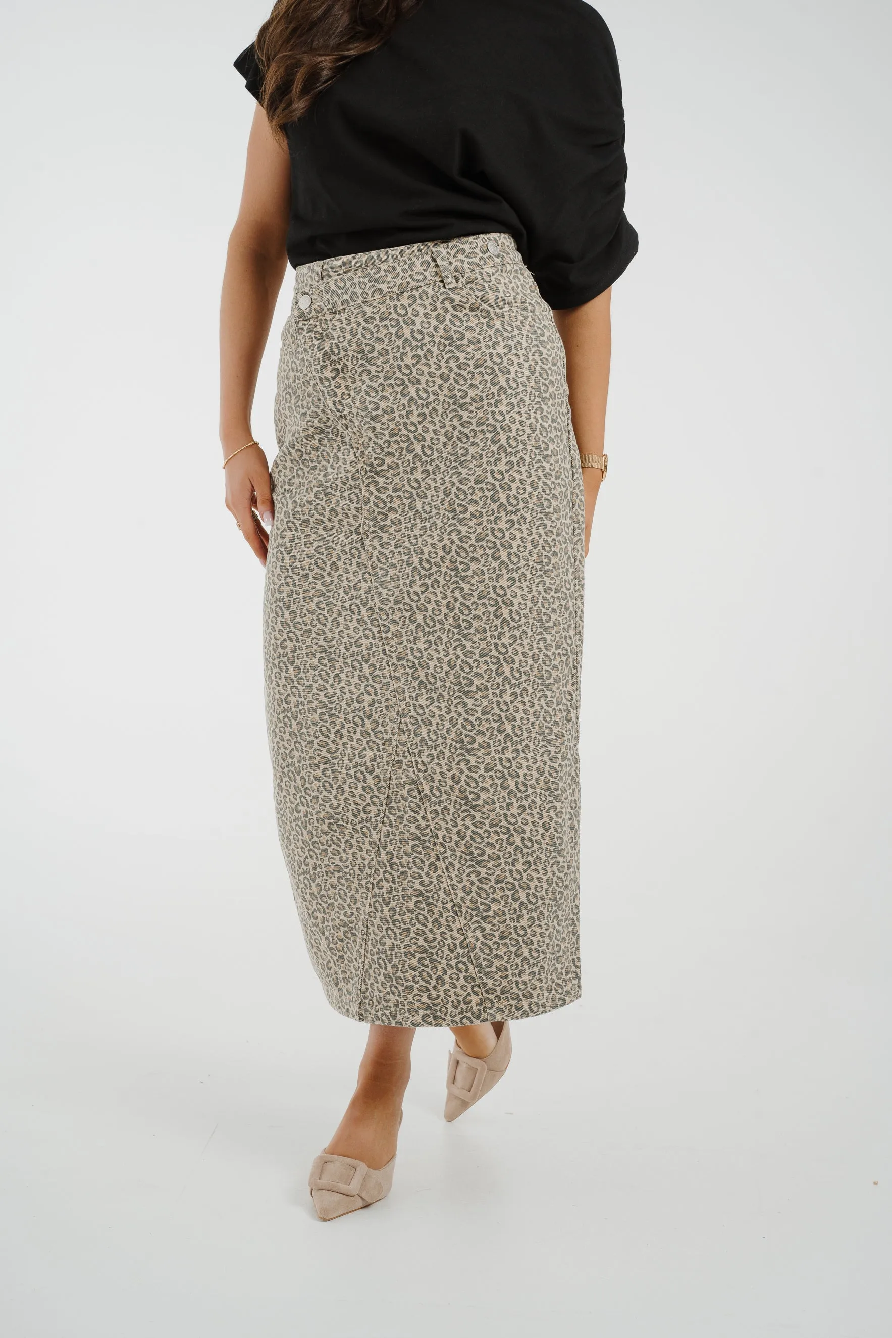 Cora Denim Maxi Skirt In Leopard Print