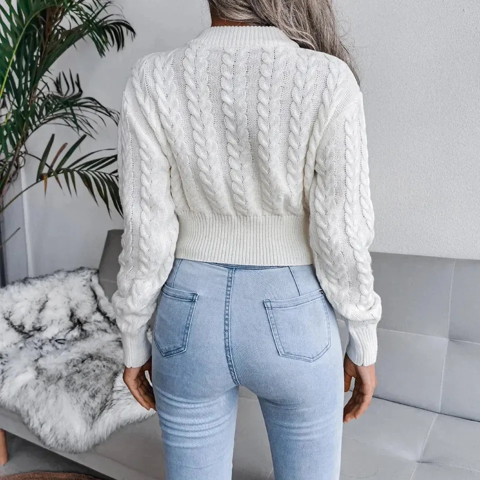 Crop Cable Knit White Sweater Long Sleeve Crew Neck Pullover Women Jumper Soft Girls Autumn Winter Thick & Warm Knitwear