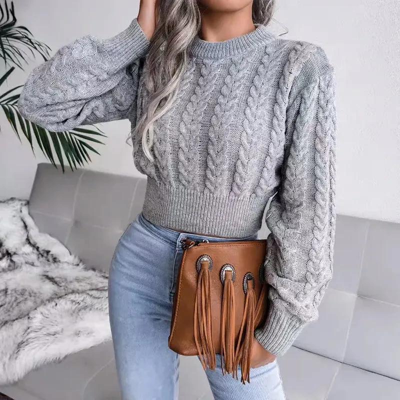 Crop Cable Knit White Sweater Long Sleeve Crew Neck Pullover Women Jumper Soft Girls Autumn Winter Thick & Warm Knitwear