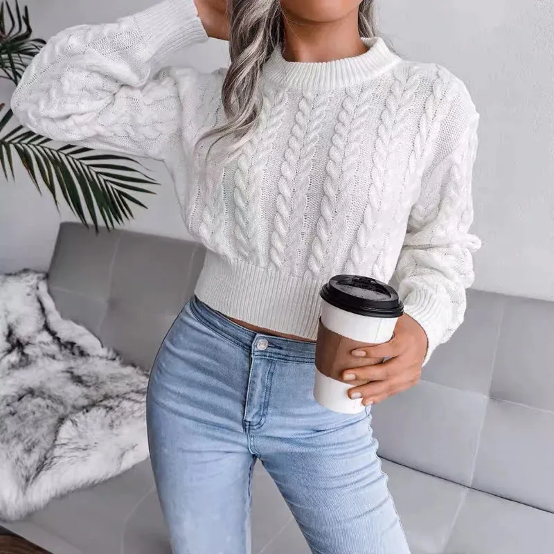 Crop Cable Knit White Sweater Long Sleeve Crew Neck Pullover Women Jumper Soft Girls Autumn Winter Thick & Warm Knitwear