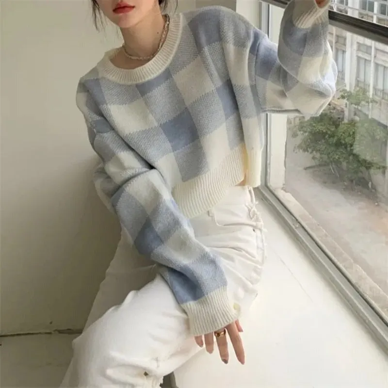 Cropped Sweater Korean O-neck Plaid Printing Preppy Style Pullover Sweater Women Simple Sweet Sweaters For Women Student Sweater