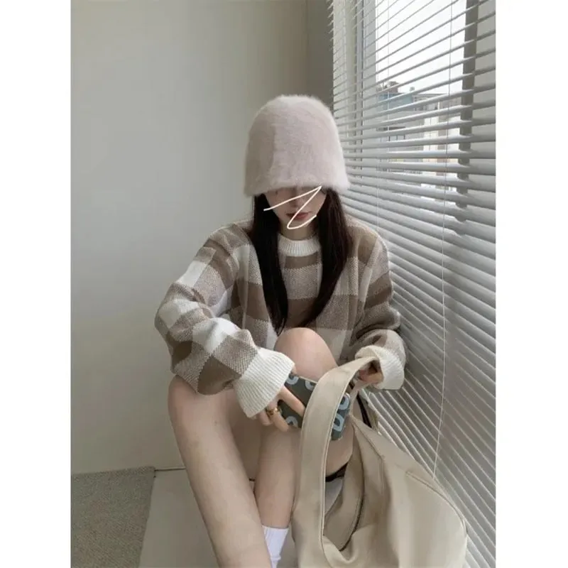 Cropped Sweater Korean O-neck Plaid Printing Preppy Style Pullover Sweater Women Simple Sweet Sweaters For Women Student Sweater