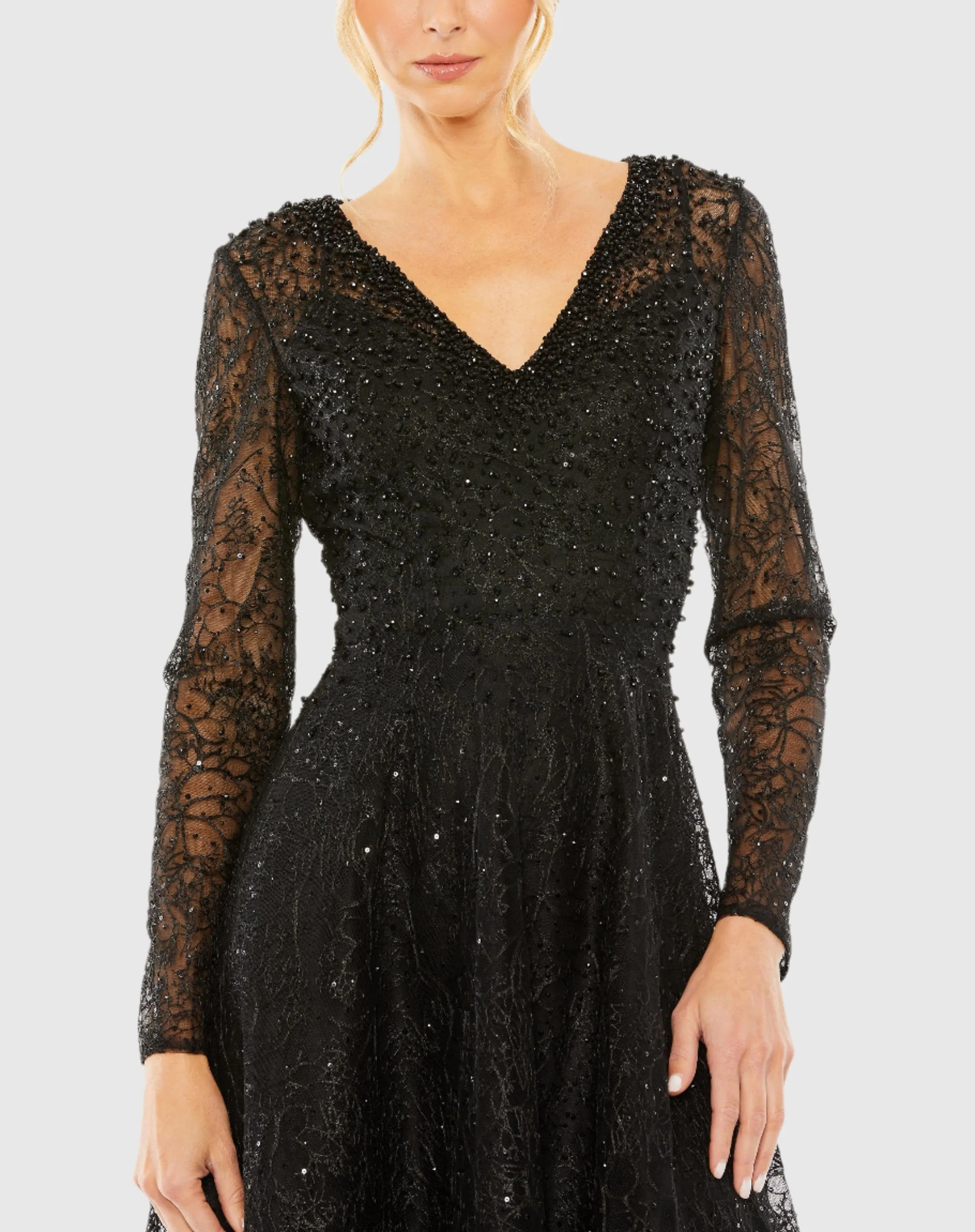 Crystal Embellished Long Sleeve V Neck Gown