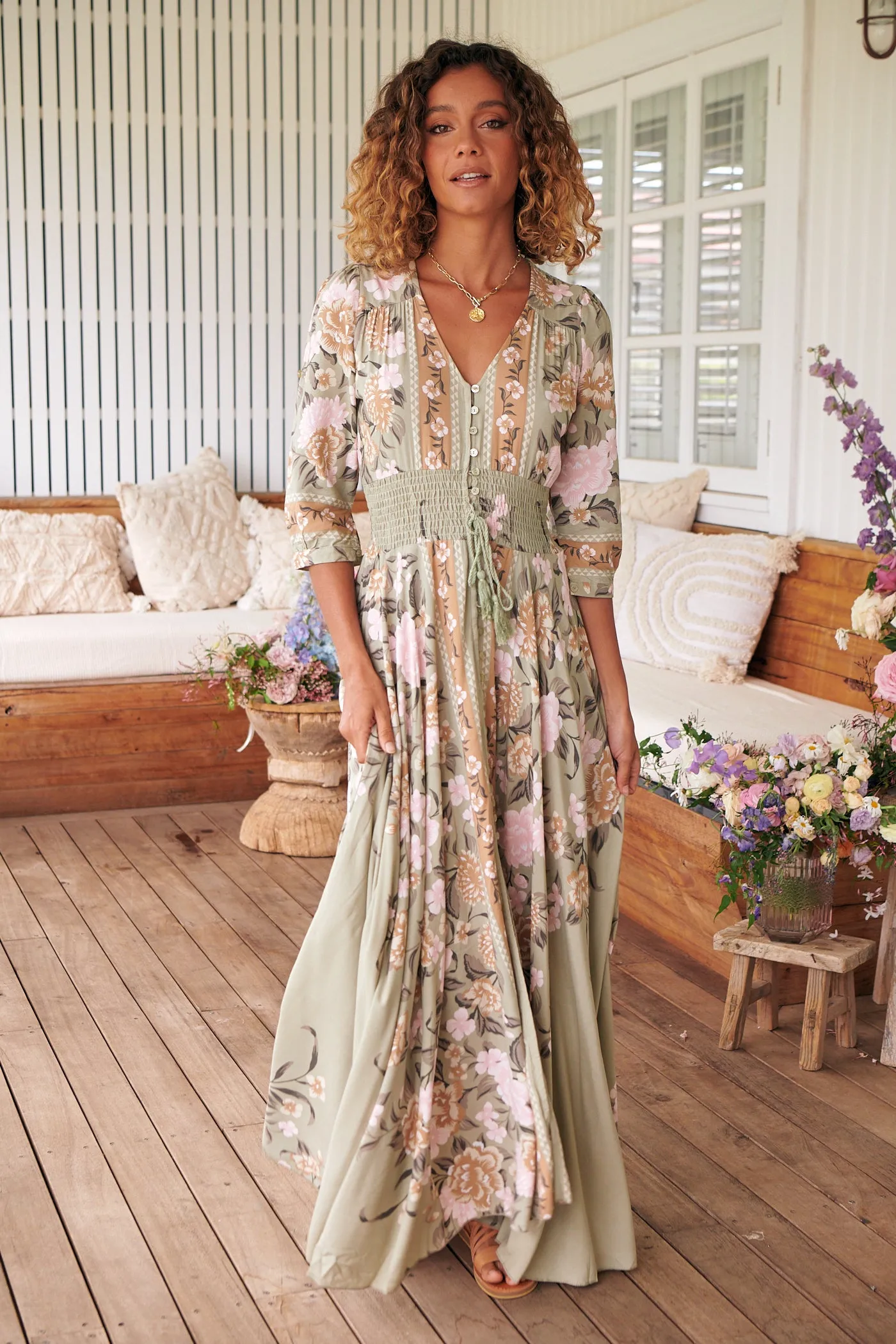 Delilah Maxi Dress  - Khaki/Pink